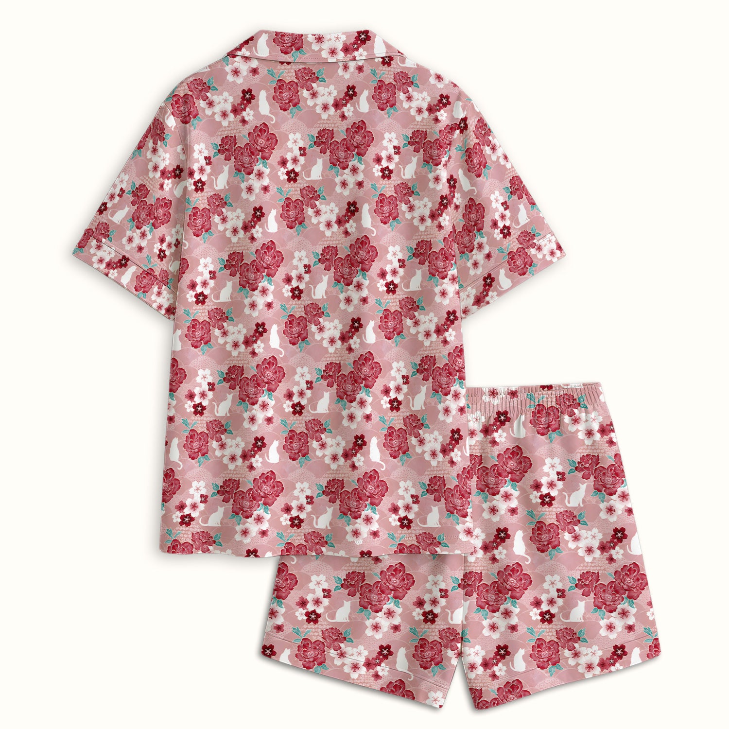 Floral White Cat Nurse Pajama Set, Soft Breathable Fabric Comfortable Sleepwear