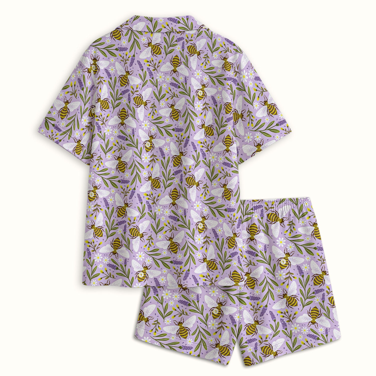 Cute Lavender Bee Floral Pattern Pajama Set, Soft Breathable Fabric Comfortable Sleepwear