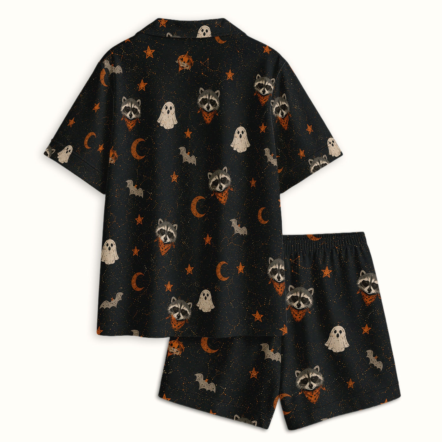 Ghost Pumpkin Raccoon Pattern Pajama Set, Soft Breathable Fabric Comfortable Sleepwear