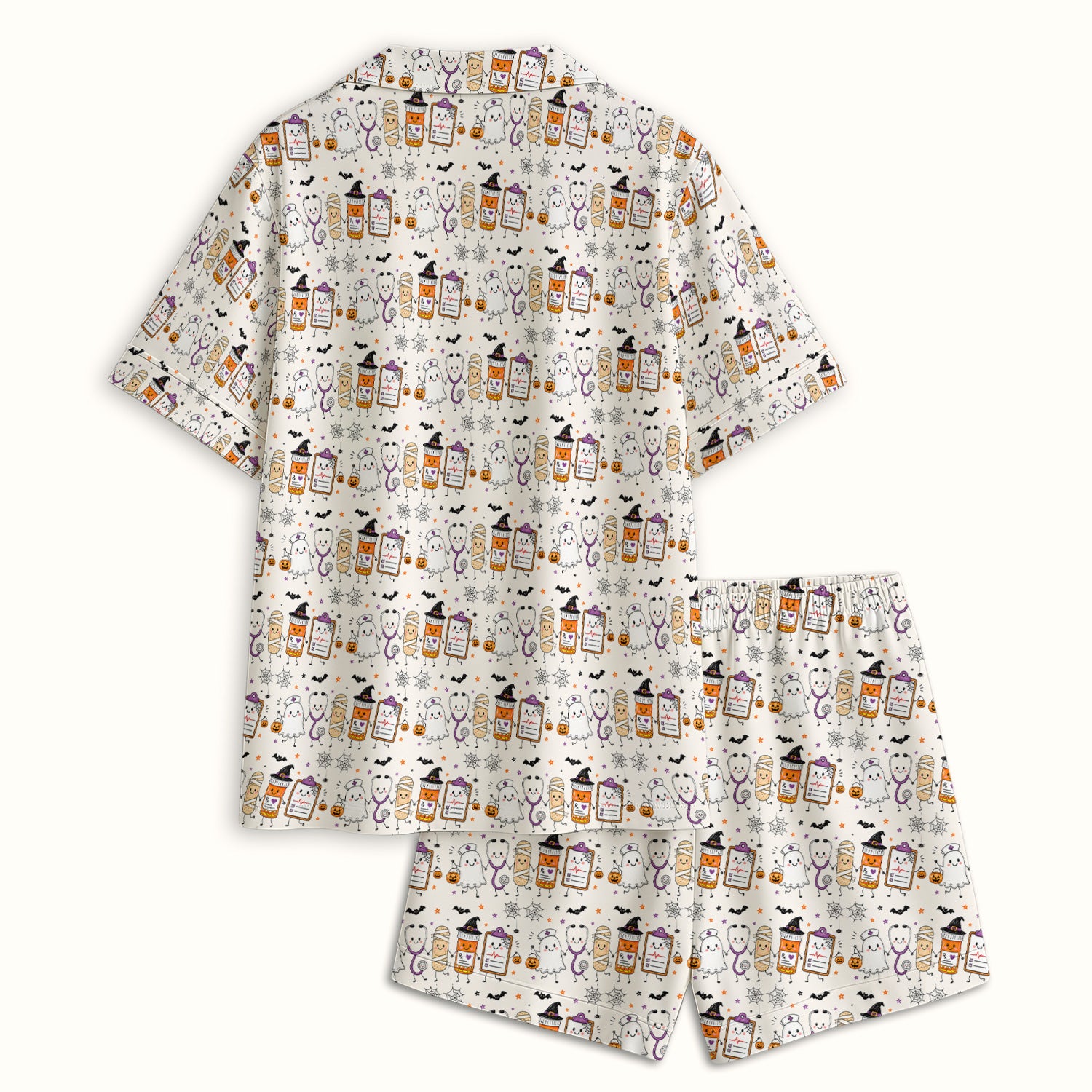 Halloween Medical Characters Print Pajama Set, Soft Breathable Fabric Comfortable Sleepwear