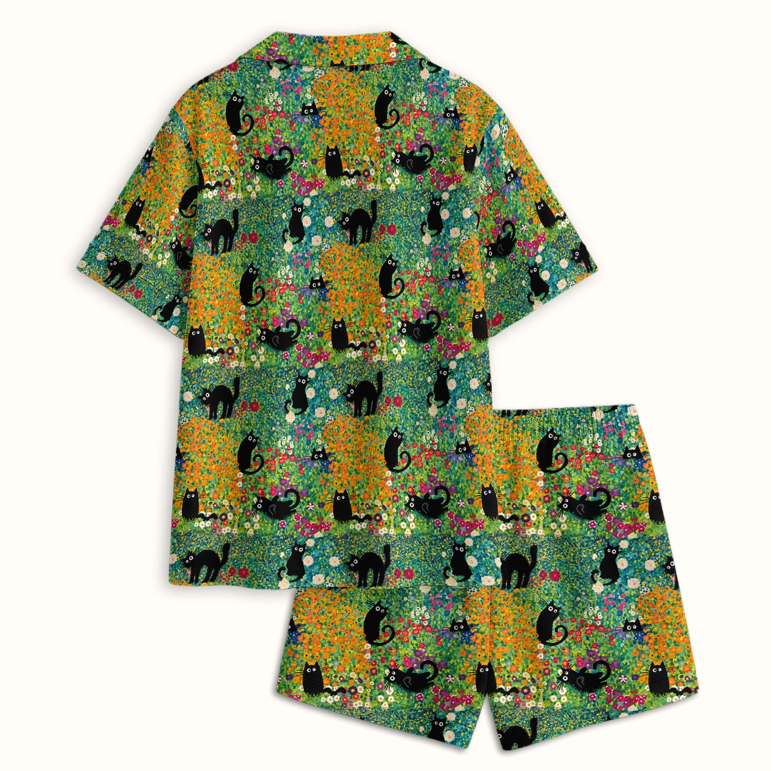 Black Cat Flower Garden Pattern Pajama Set, Soft Breathable Fabric Comfortable Sleepwear