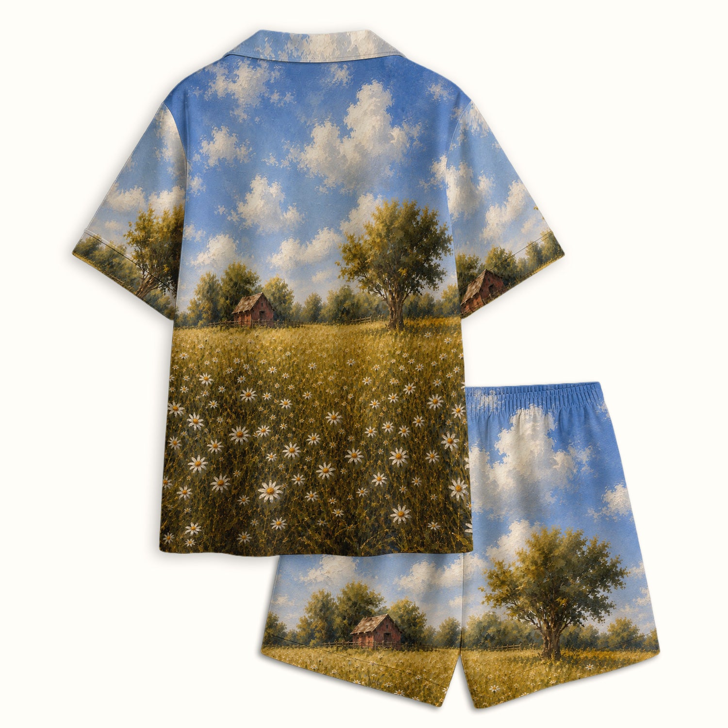 Cute Farmhouse Goose Meadow Pattern Pajama Set, Soft Breathable Fabric Comfortable Sleepwear