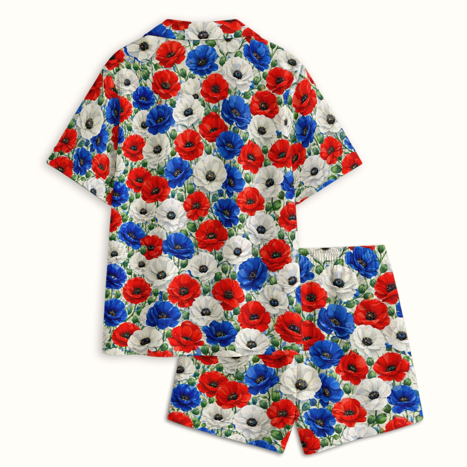 Festive Patriotic Red Blue Poppy Floral Pattern Pajama Set, Soft Breathable Fabric Comfortable Sleepwear