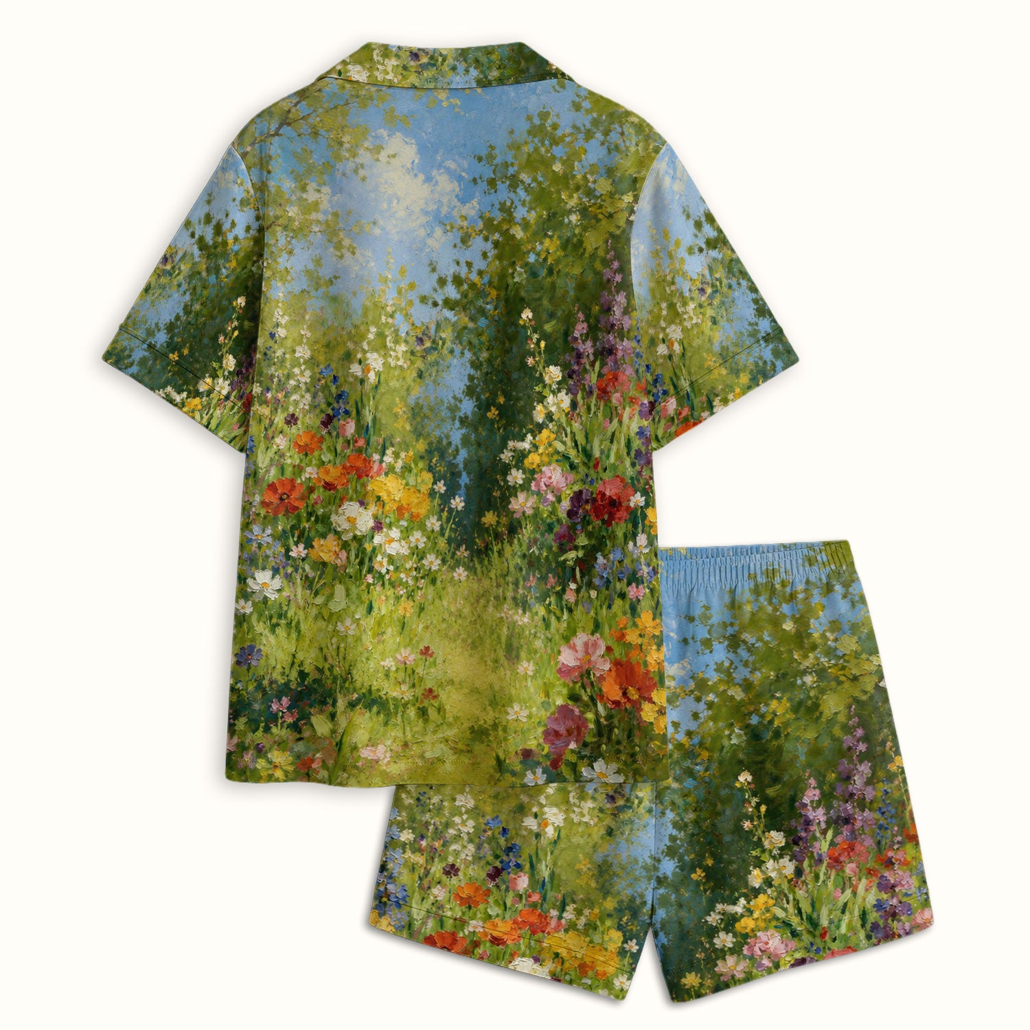 Whimsical Garden Cat Blossom Pattern Pajama Set, Soft Breathable Fabric Comfortable Sleepwear