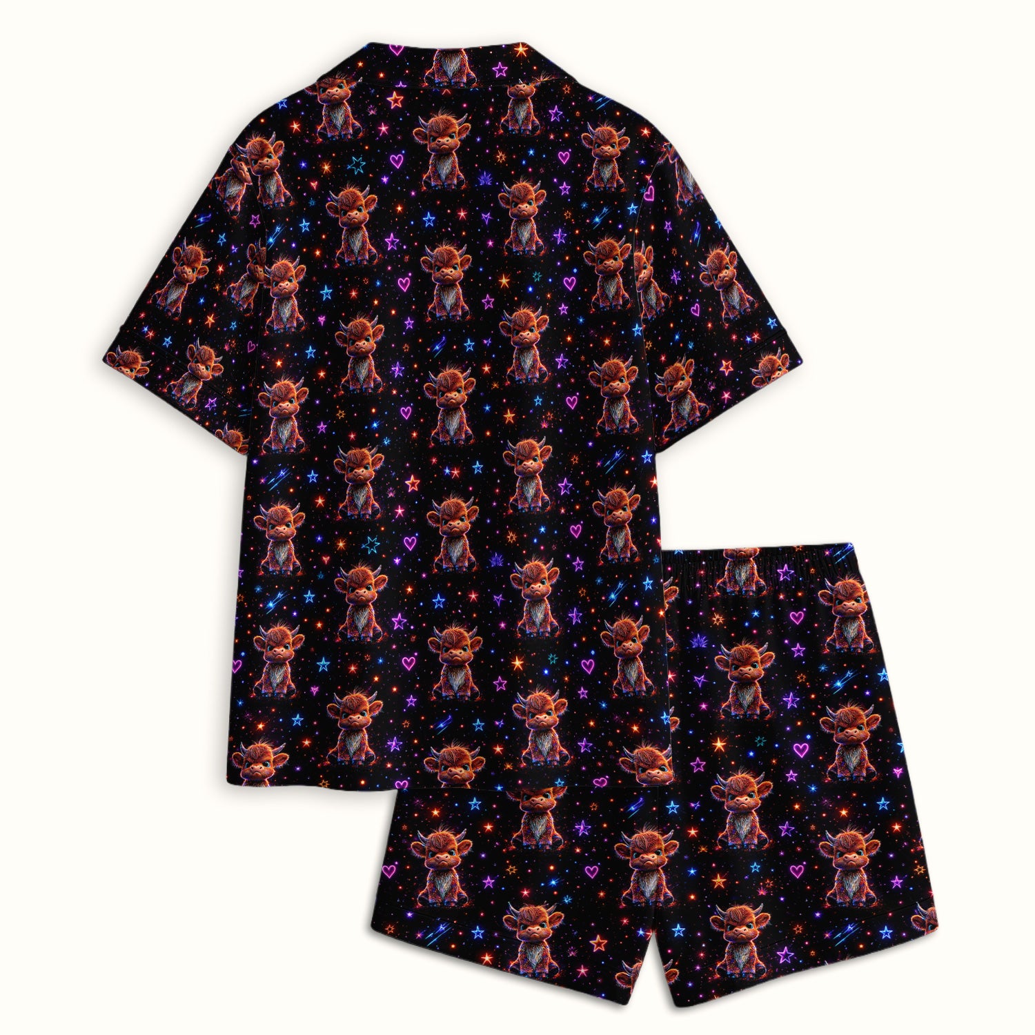 Neon Highland Cow Stars Pattern Pajama Set, Soft Breathable Fabric Comfortable Sleepwear