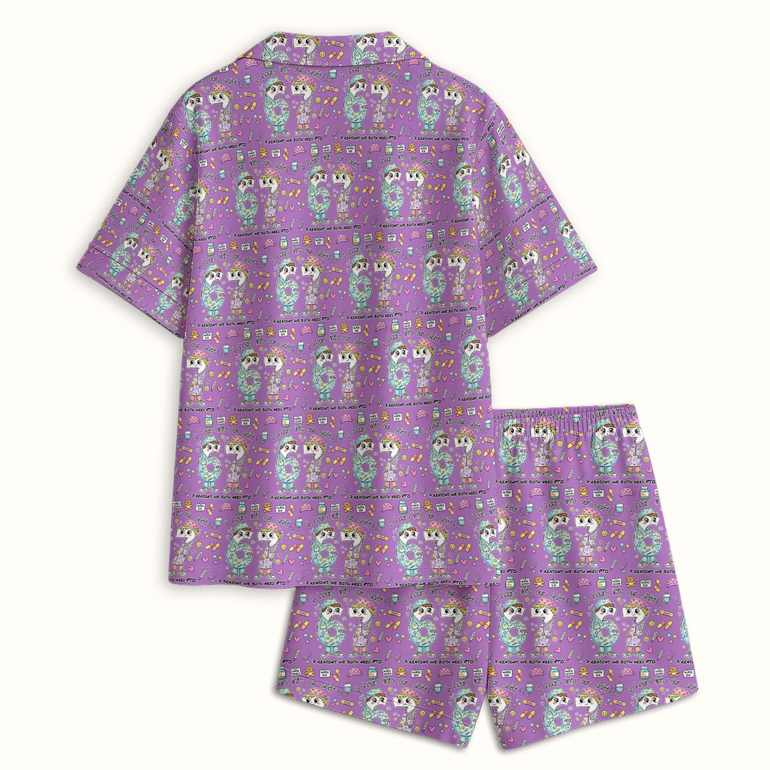 Cartoon Characters Six Hours Into Shift With Medical Doodle Pajama Set, Breathable Fabrics Uniform