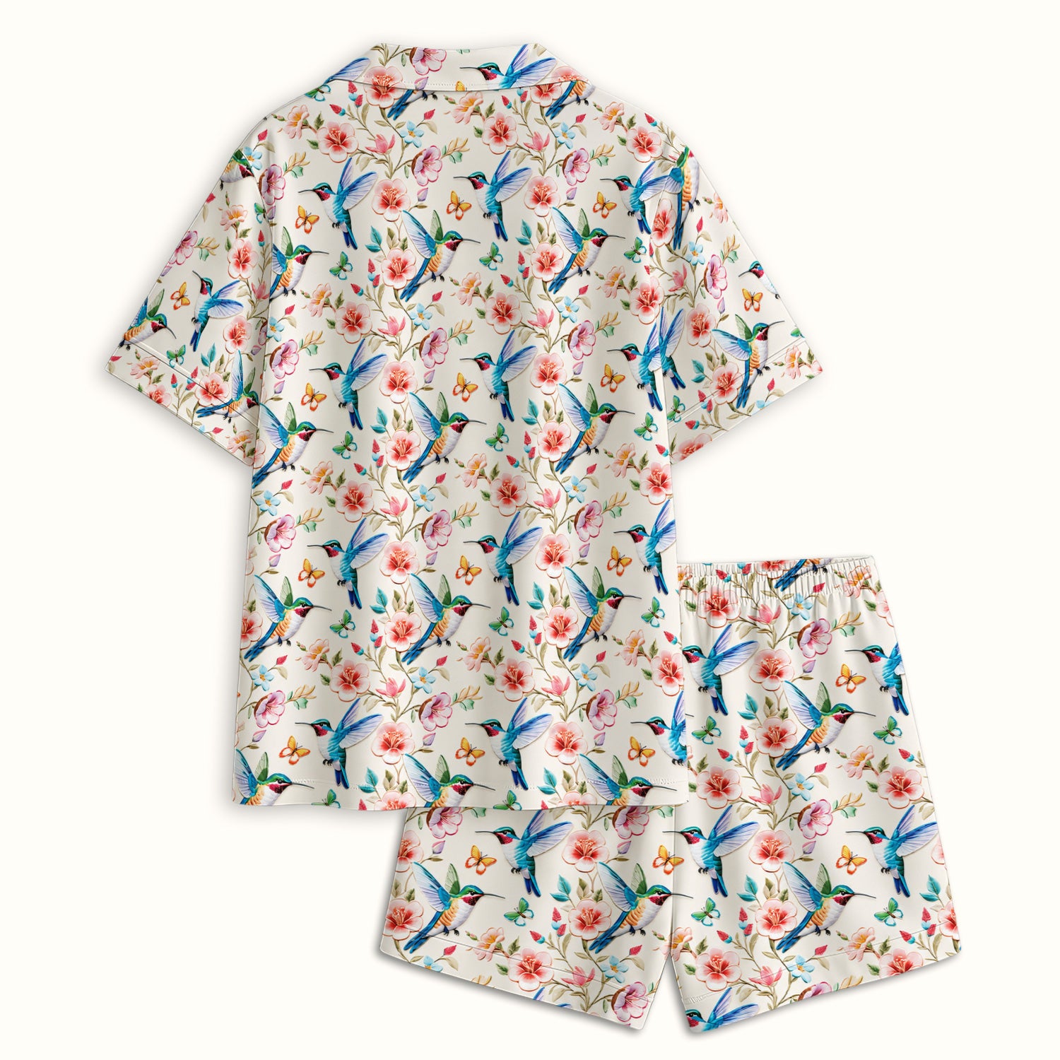Hummingbird Blossom Butterfly Pattern Pajama Set, Soft Breathable Fabric Comfortable Sleepwear