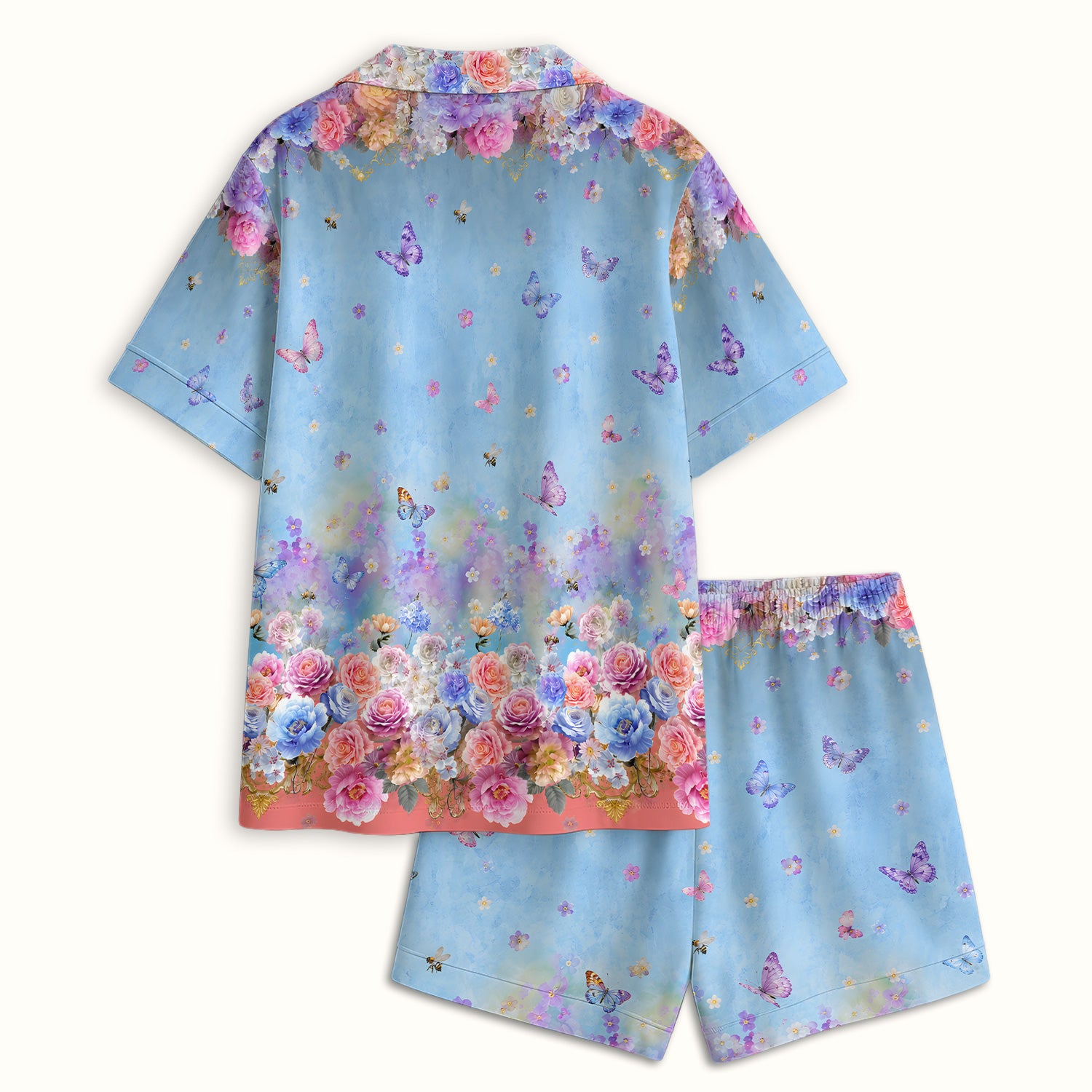 Pastel Flower Garden Print Pajama Set, Soft Breathable Fabric Comfortable Sleepwear