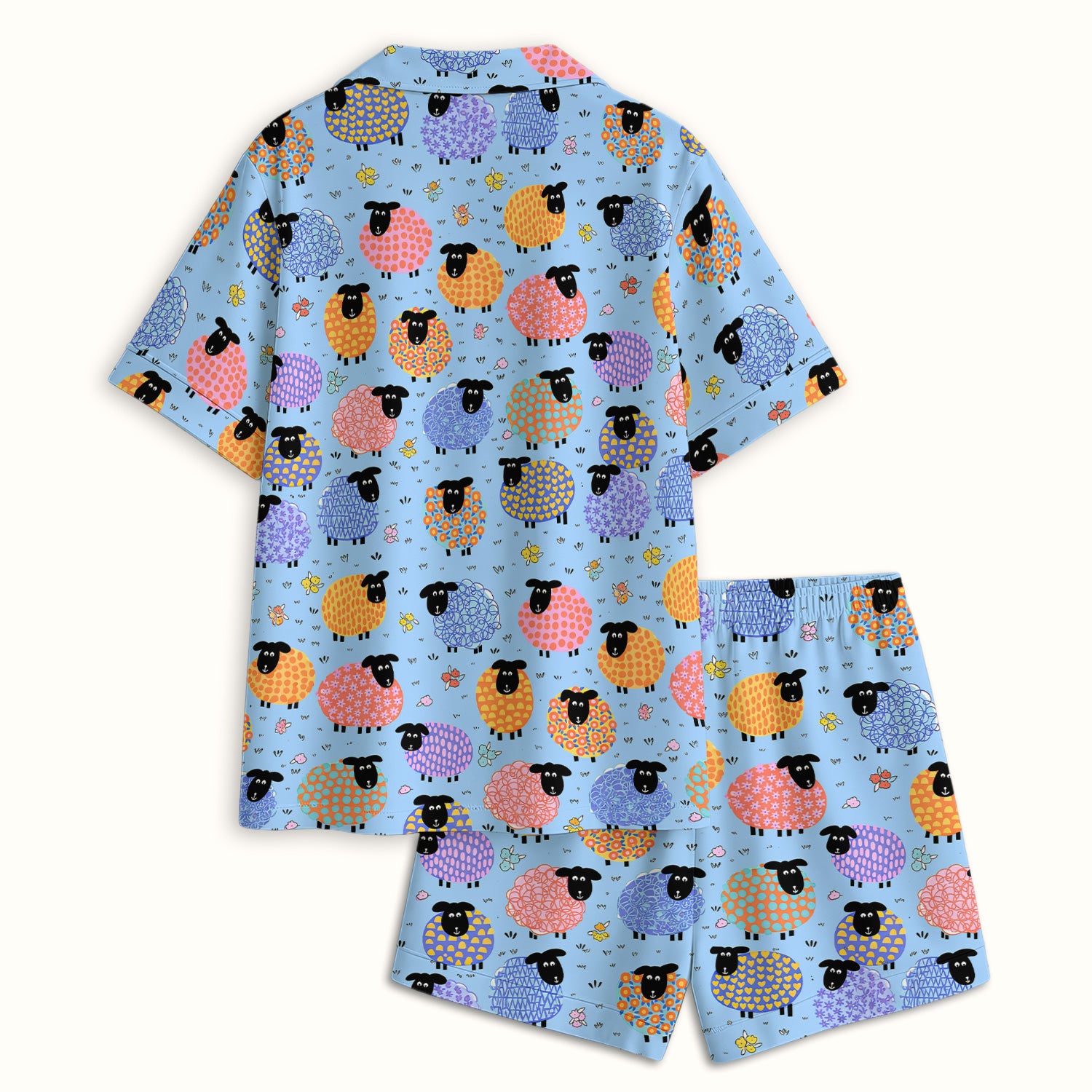 Funny Colorful Sheep Pattern Pajama Set, Breathable Fabrics Uniform