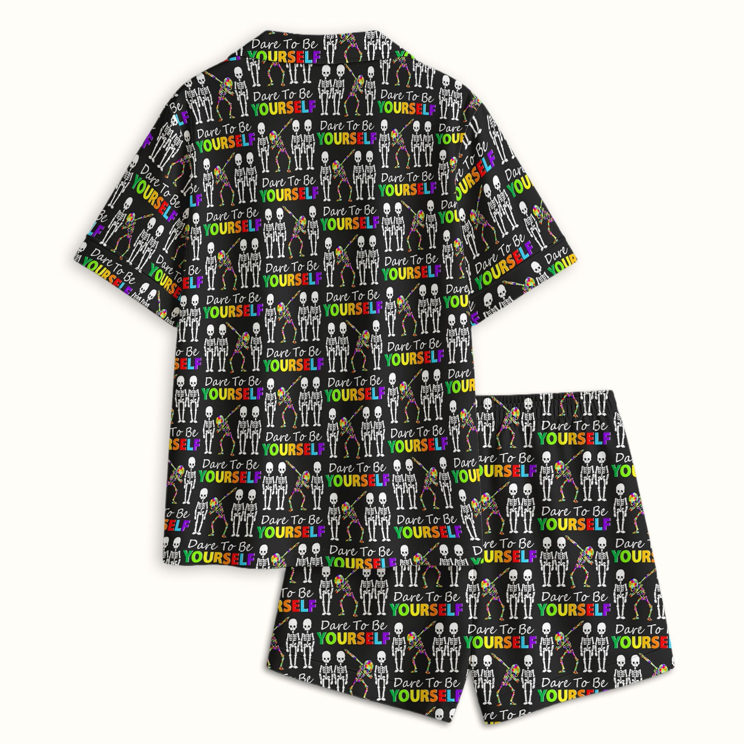 Rainbow Skeleton Dare To Be Yourself Pattern Pajama Set, Breathable Fabrics Uniform