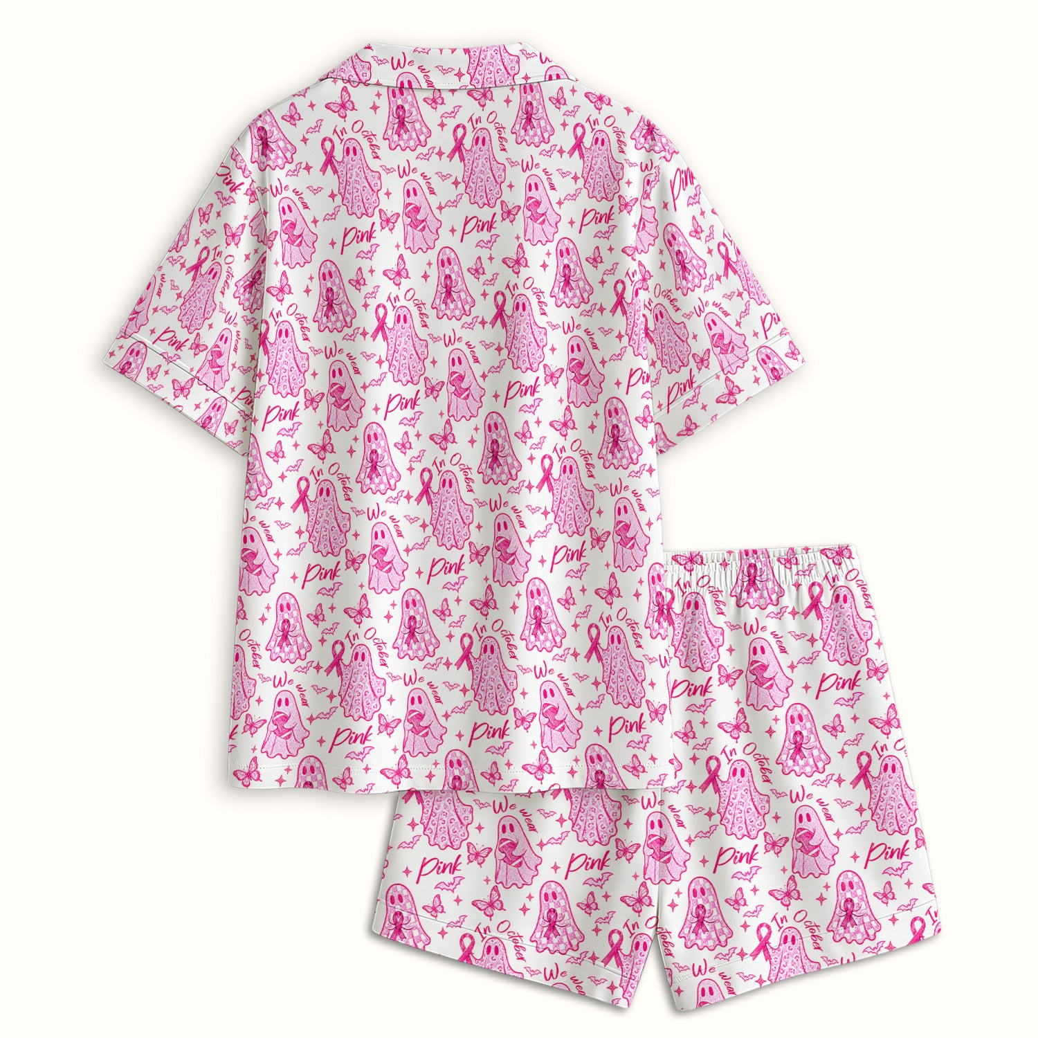 Pink Ribbon Ghost Pajama Set, Soft Breathable Fabric Comfortable Sleepwear