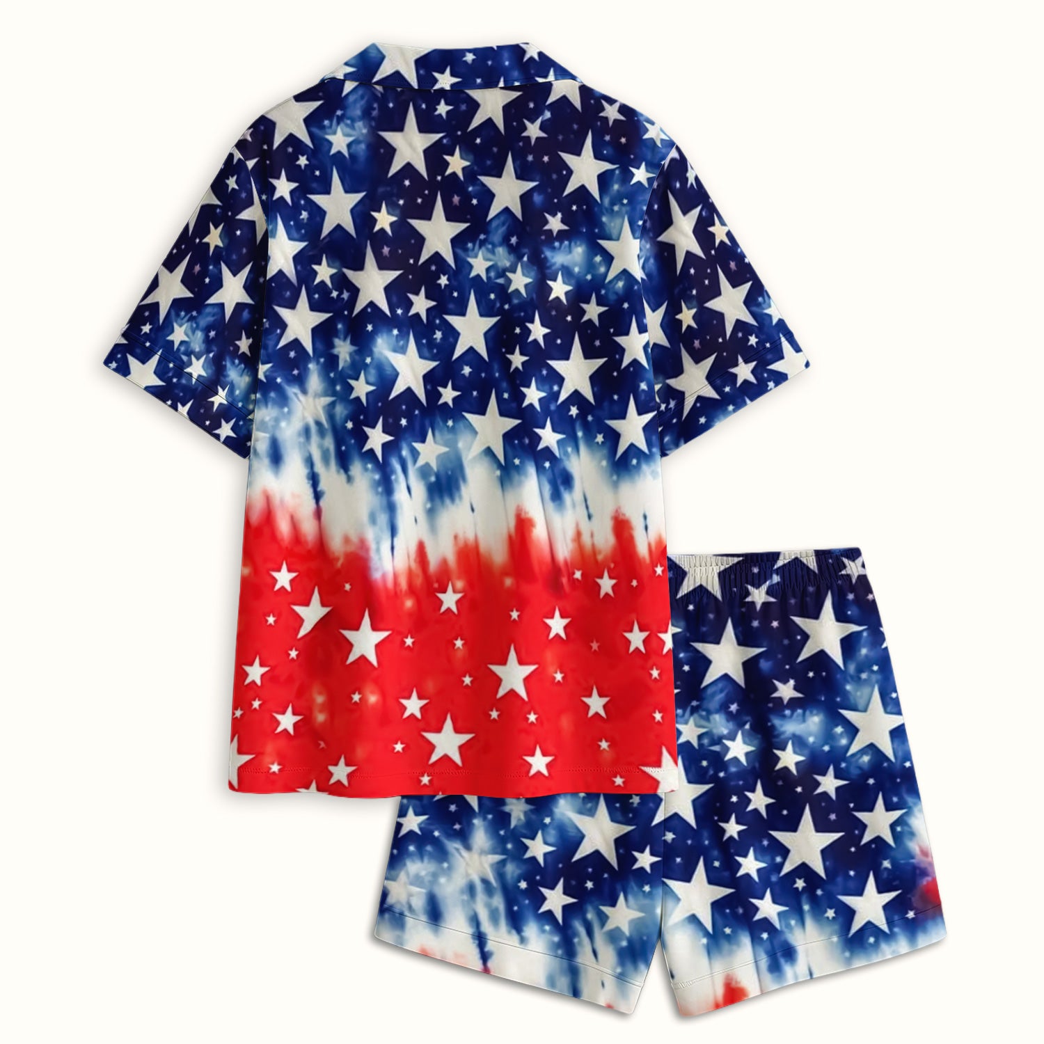 Patriotic Stars Tie Dye Pattern Pajama Set, Soft Breathable Fabric Comfortable Sleepwear
