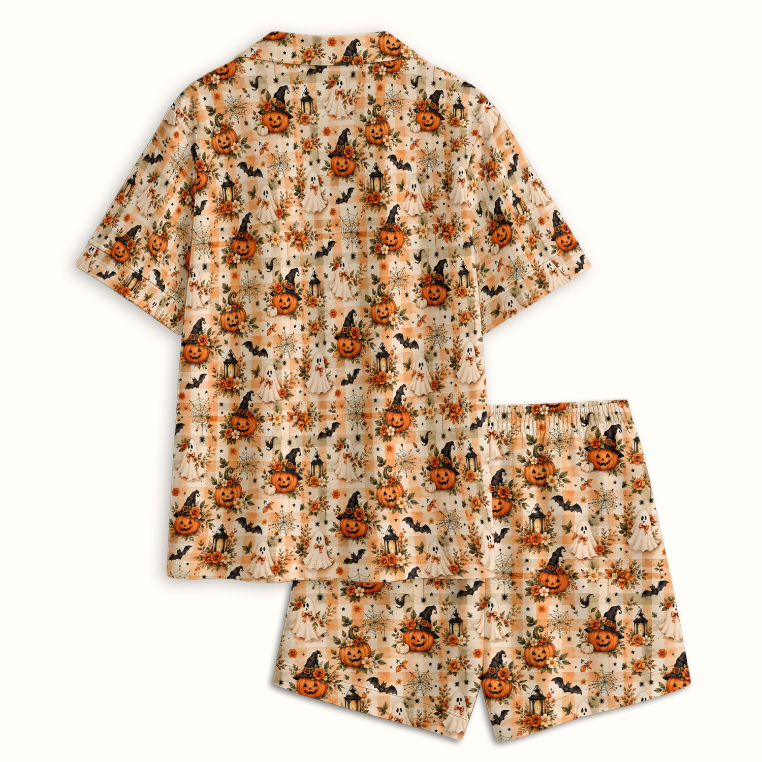 Vintage Halloween Pumpkin And Ghost Pajama Set, Soft Breathable Fabric Comfortable Sleepwear