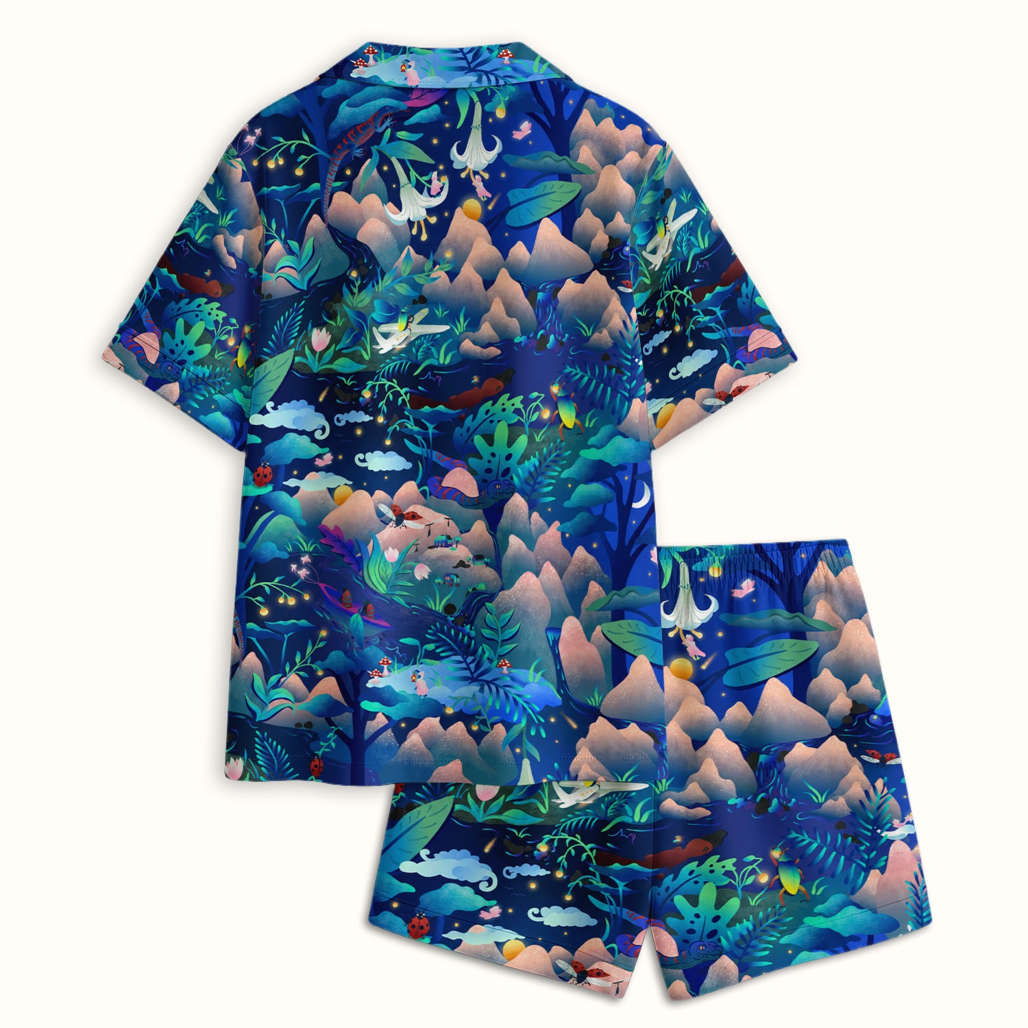 Whimsical Mountain Bug Print Pajama Set, Soft Breathable Fabric Comfortable Sleepwear