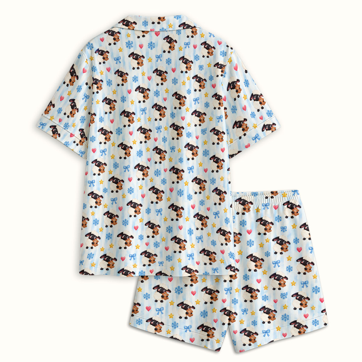 Cute Winter Lambs Holding Teddy Bears Pajama Set, Soft Breathable Fabric Comfortable Sleepwear
