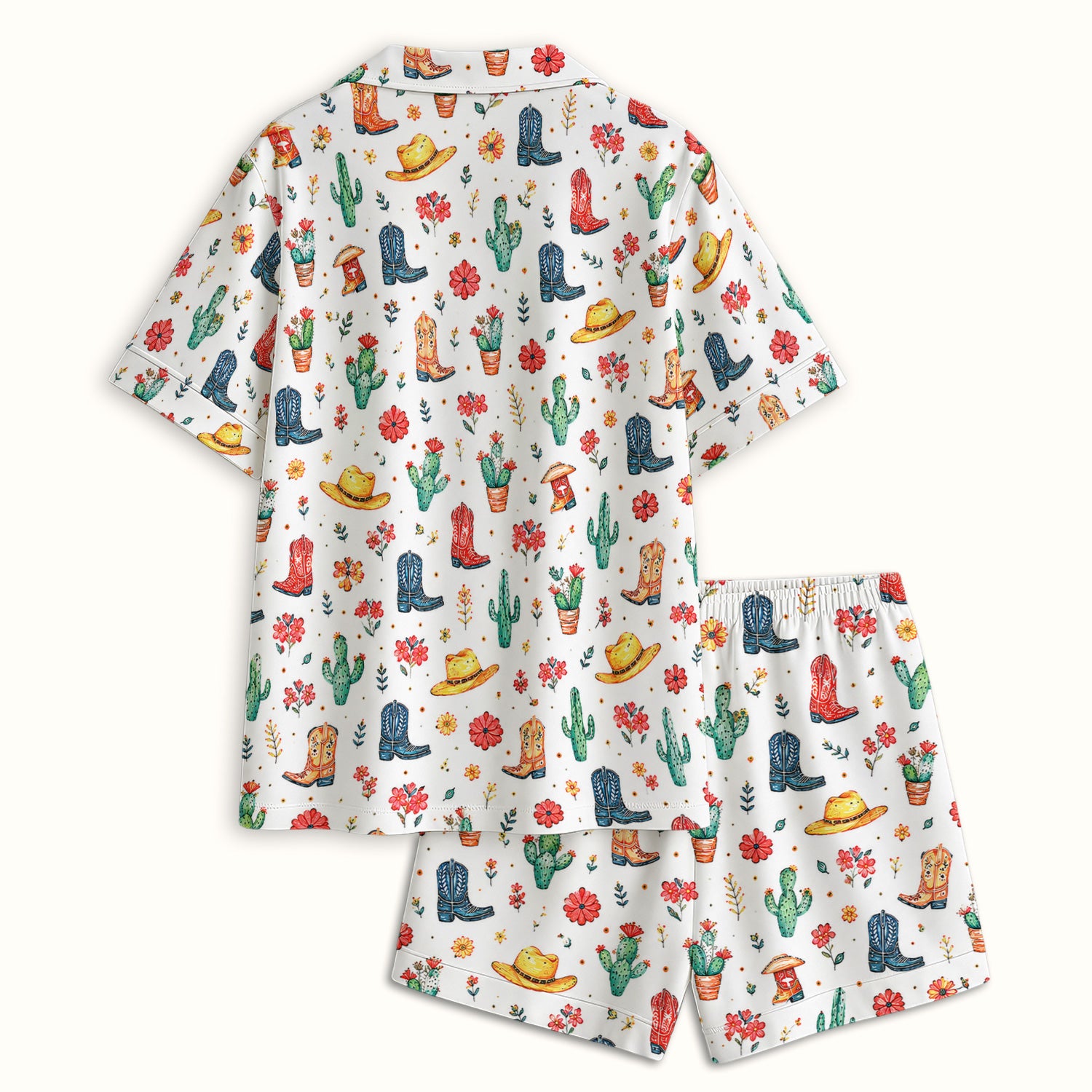 Whimsical Western Cactus Boots Pattern Pajama Set, Soft Breathable Fabric Comfortable Sleepwear