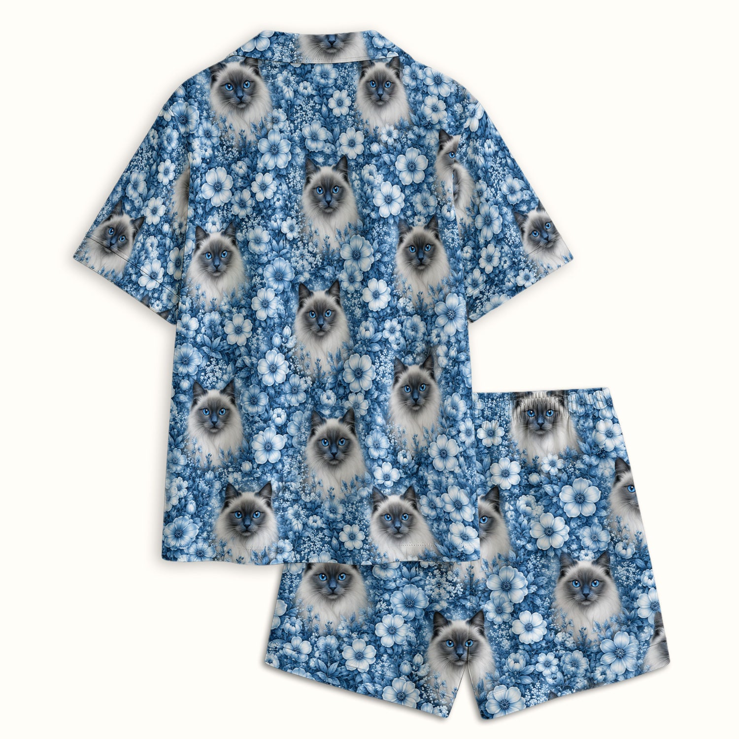 Blue Floral Ragdoll Cat Pattern Pajama Set, Soft Breathable Fabric Comfortable Sleepwear