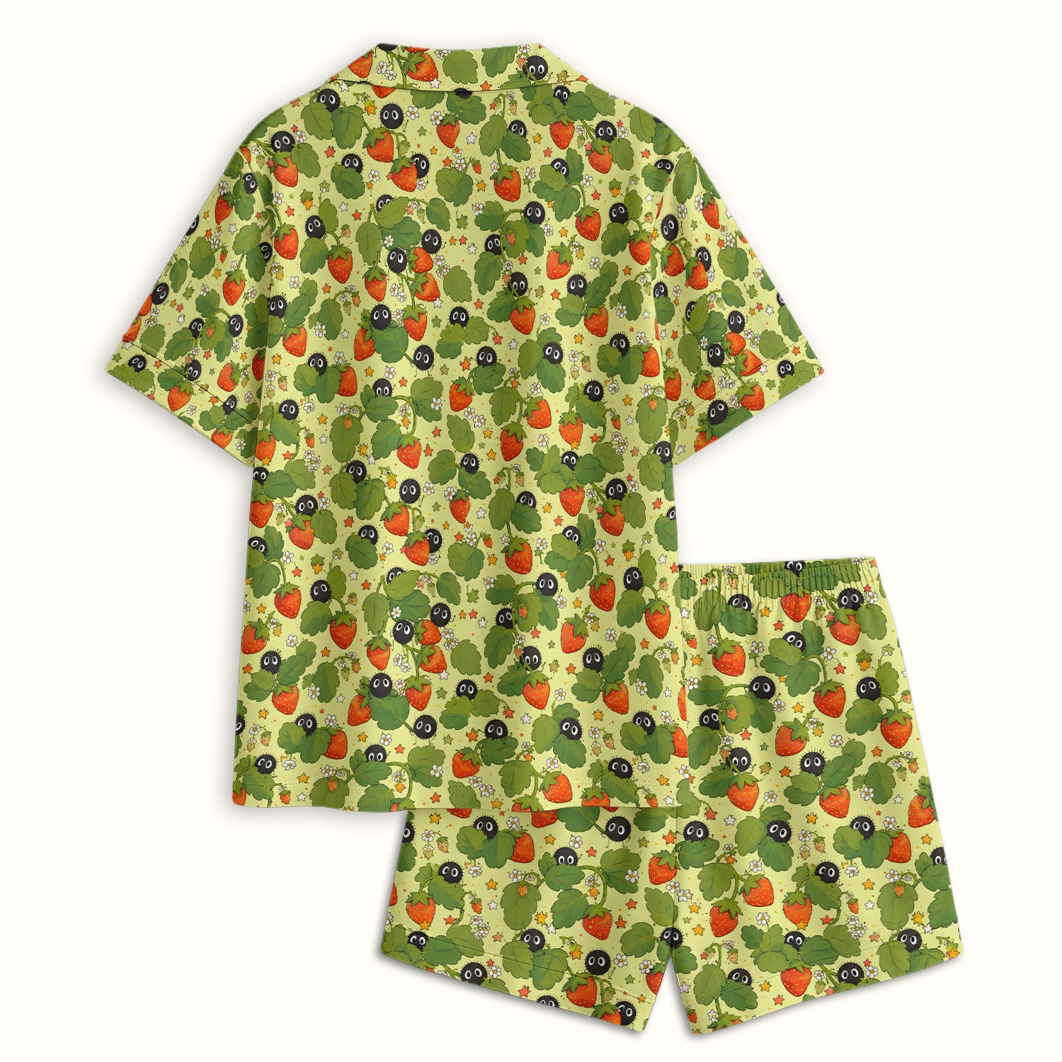Cute Strawberry Soot Sprite Pattern Pajama Set, Soft Breathable Fabric Comfortable Sleepwear