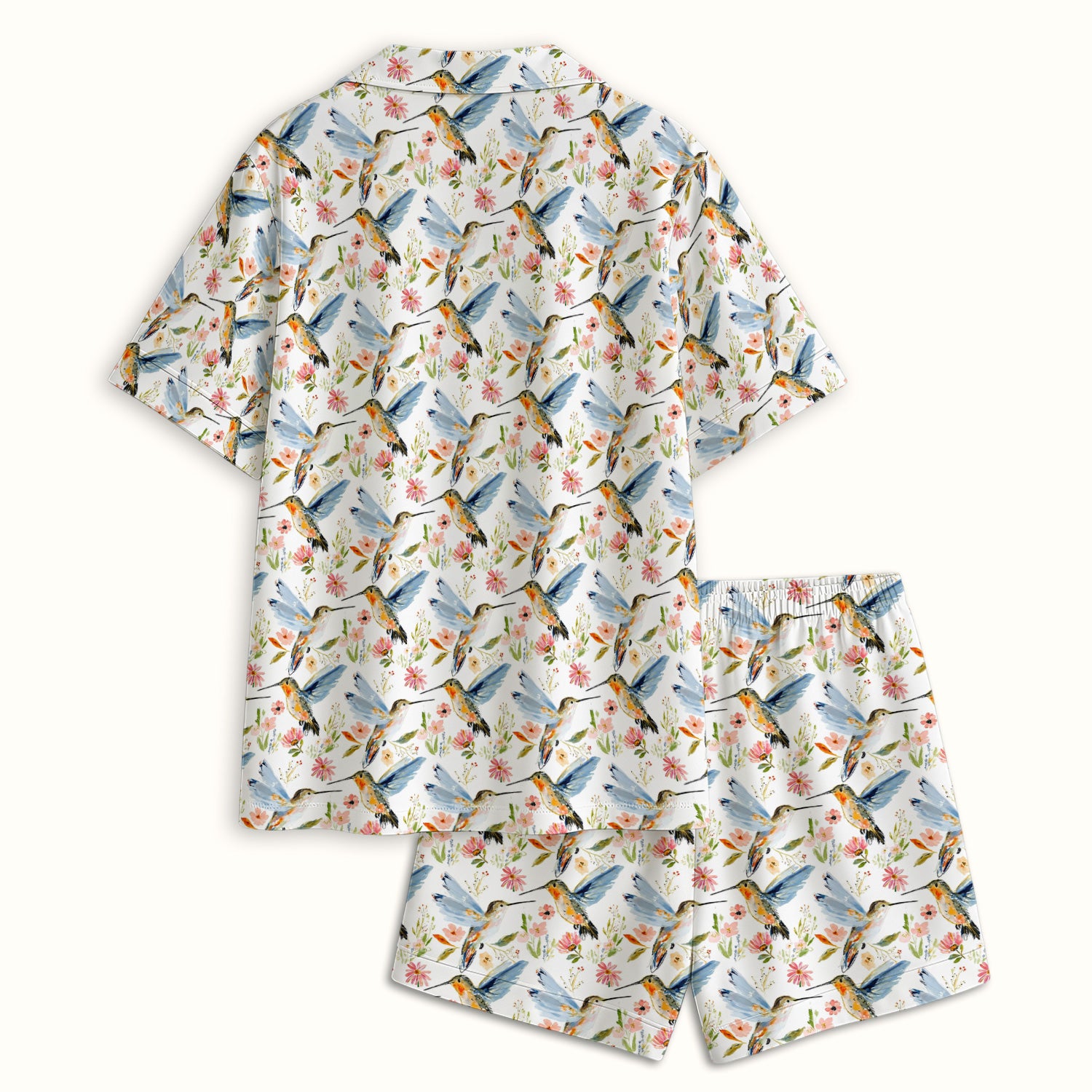 Watercolor Hummingbird Floral Pattern Pajama Set, Soft Breathable Fabric Comfortable Sleepwear
