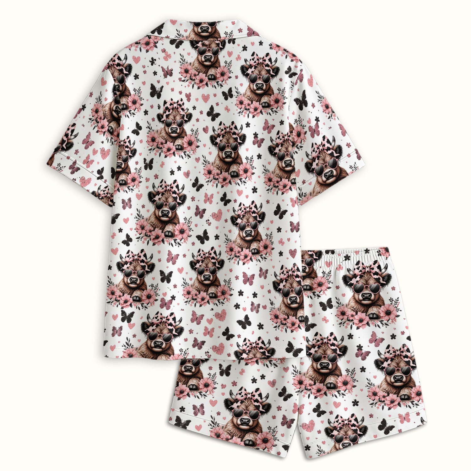 Cute Cow With Heart Sunglasses Pattern Pajama Set, Soft Breathable Fabric Comfortable Sleepwear