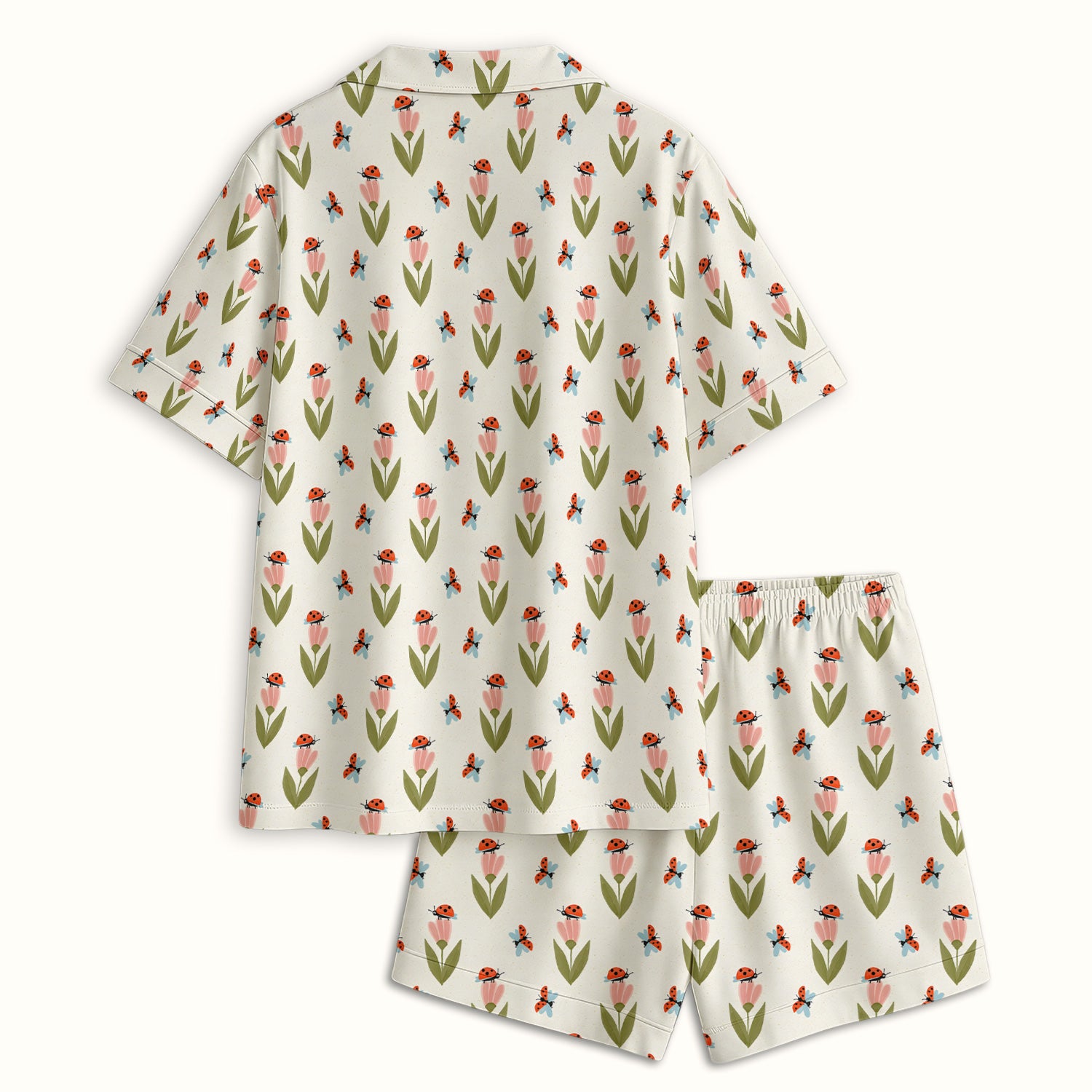 Cute Ladybug Tulip Floral Pattern Pajama Set, Soft Breathable Fabric Comfortable Sleepwear
