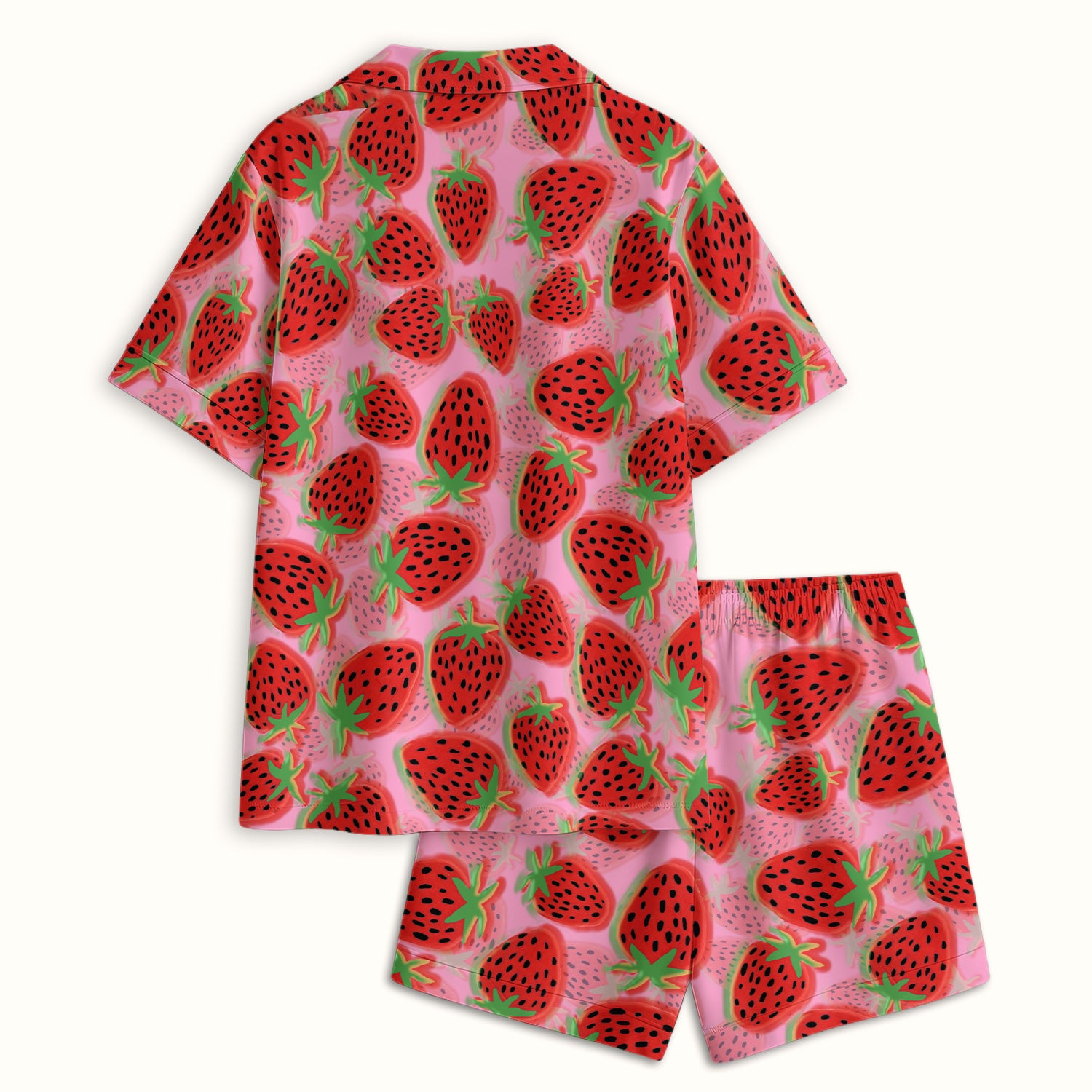 Pink Strawberry Pattern Pajama Set, Breathable Fabrics Uniform