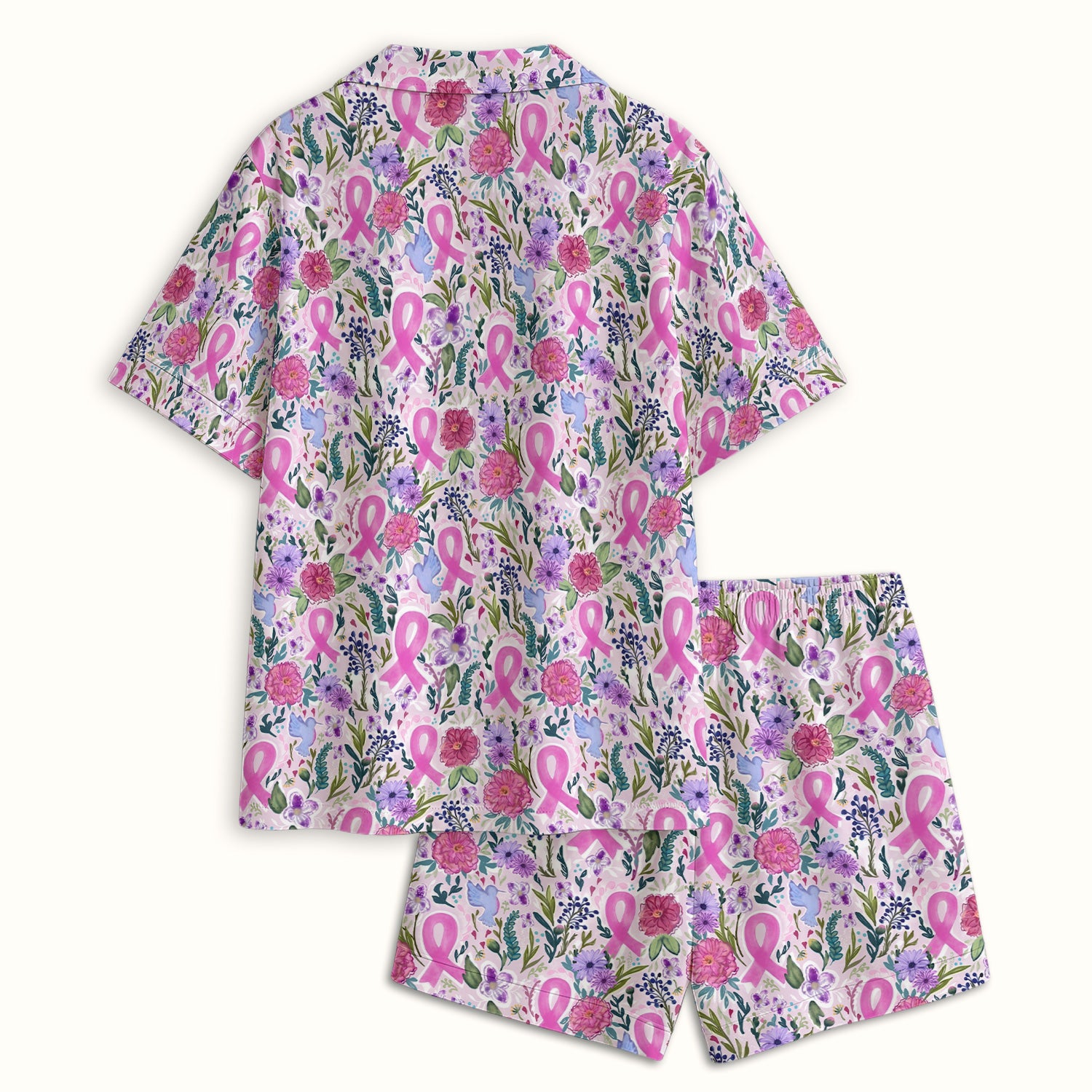 Floral Pink Ribbon Print Pajama Set, Soft Breathable Fabric Comfortable Sleepwear