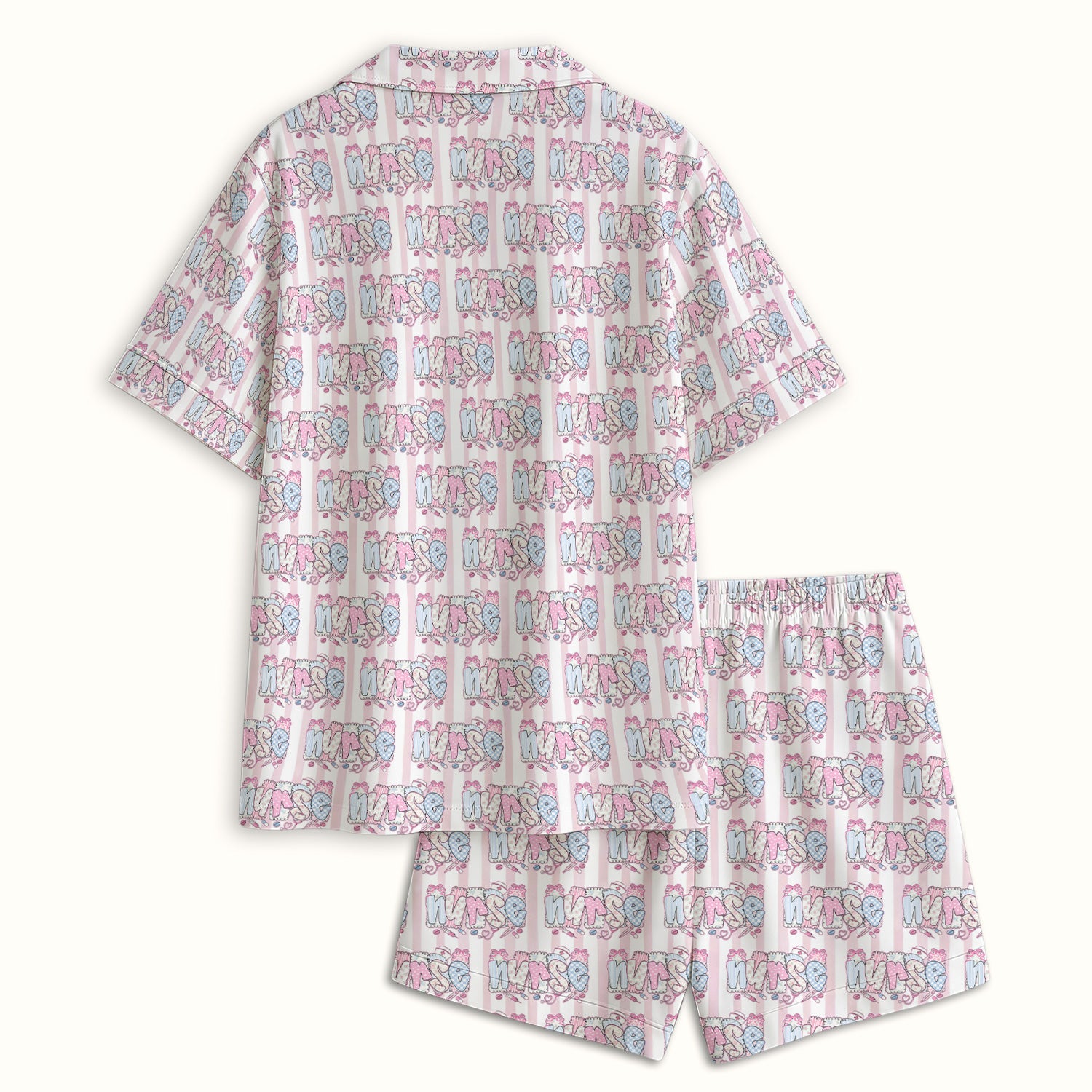 Cute Pastel Nurse Pattern Pajama Set, Breathable Fabrics Uniform