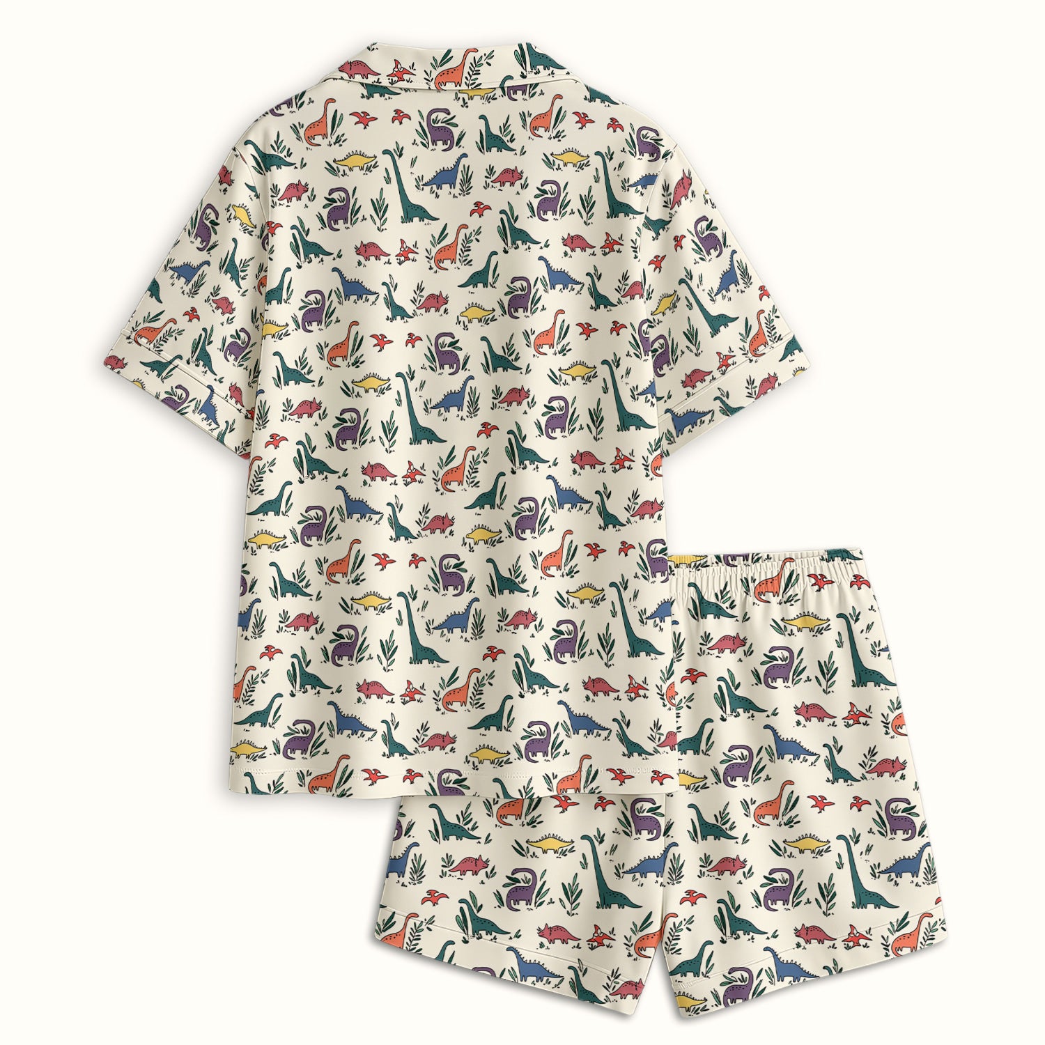 Cute Dinosaur Leafy Garden Pattern Pajama Set, Soft Breathable Fabric Comfortable Sleepwear