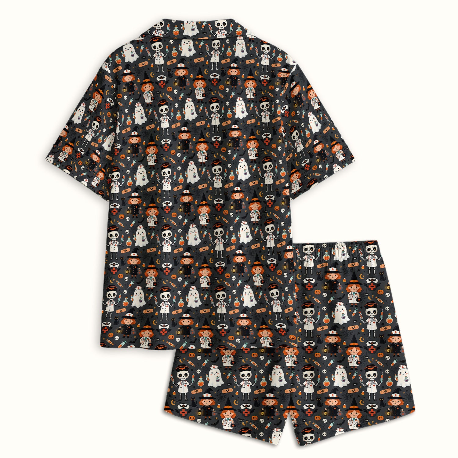Halloween Witch And Skeleton Nurse Pajama Set, Soft Breathable Fabric Comfortable Sleepwear