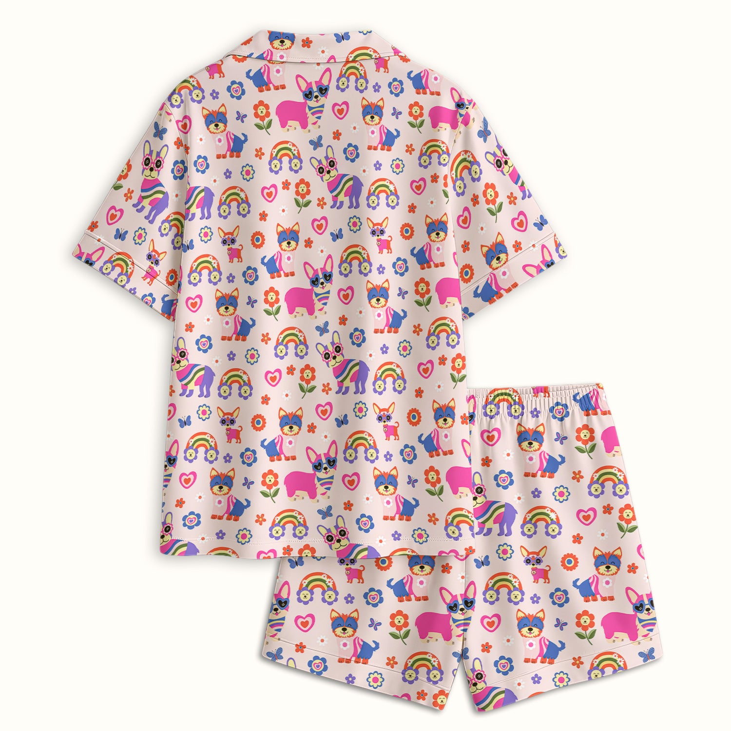 Colorful Cartoon Dogs With Rainbow Flowers Pattern Pajama Set, Soft Breathable Fabric Comfortable Sleepwear