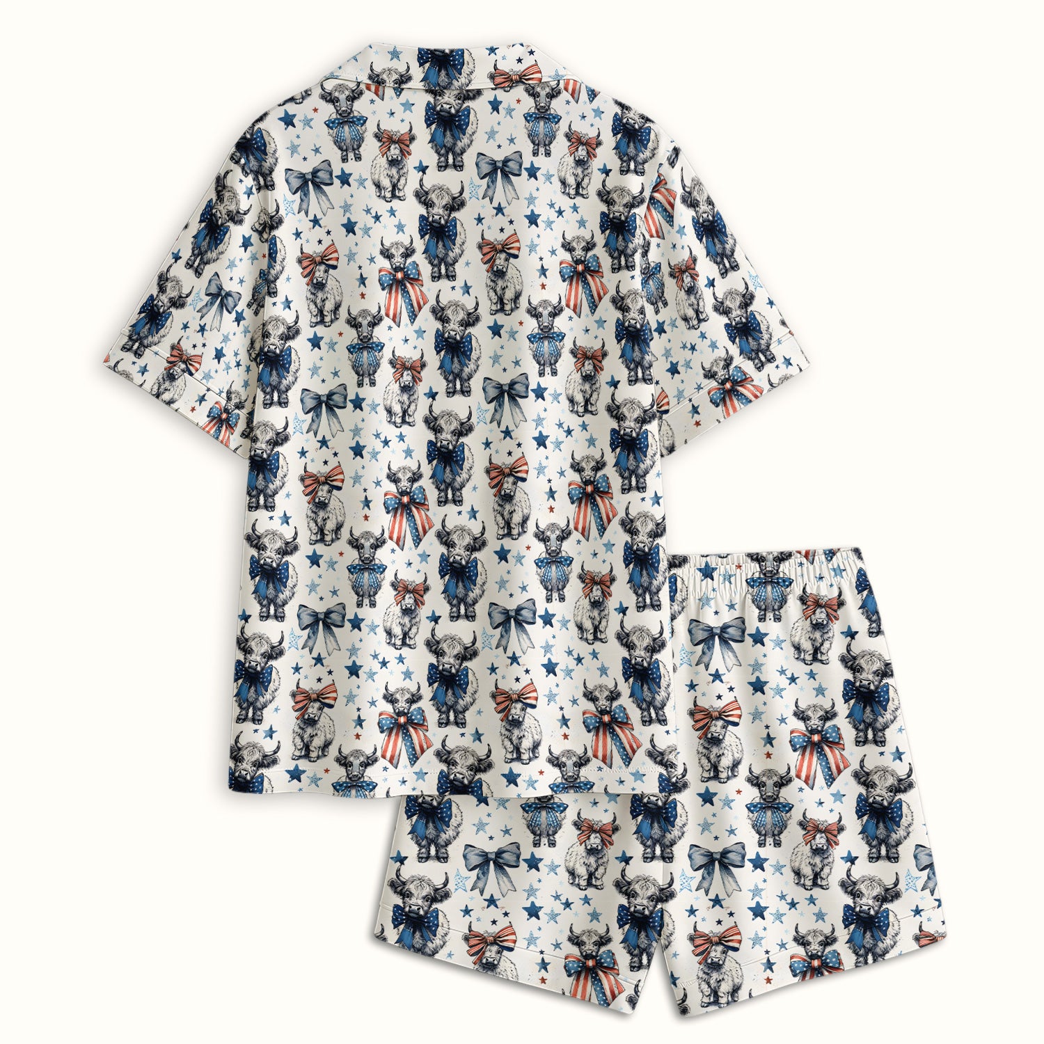 Patriotic Highland Cow Stars Pattern Pajama Set, Soft Breathable Fabric Comfortable Sleepwear