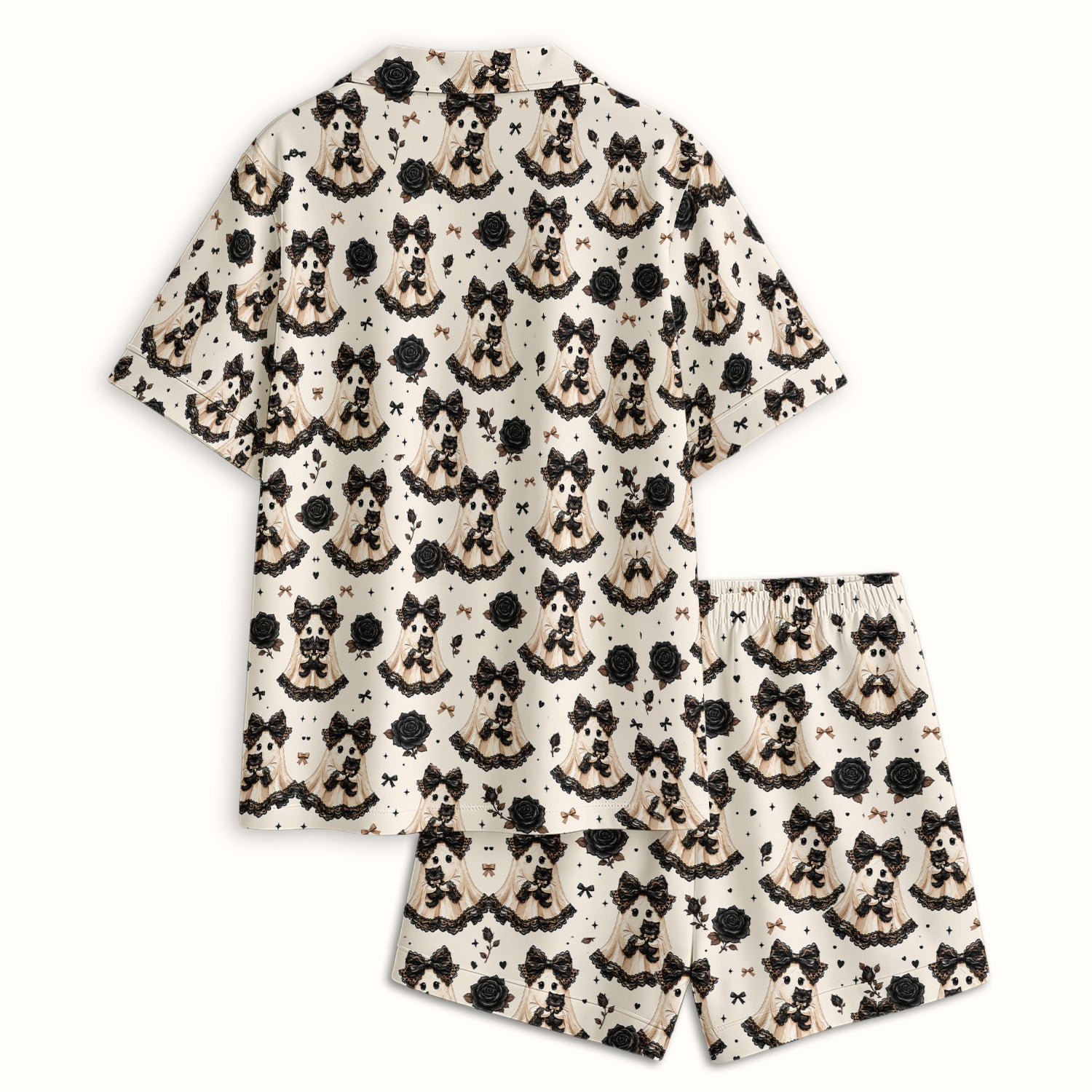 Halloween Ghost Black Cat Pattern Pajama Set, Soft Breathable Fabric Comfortable Sleepwear