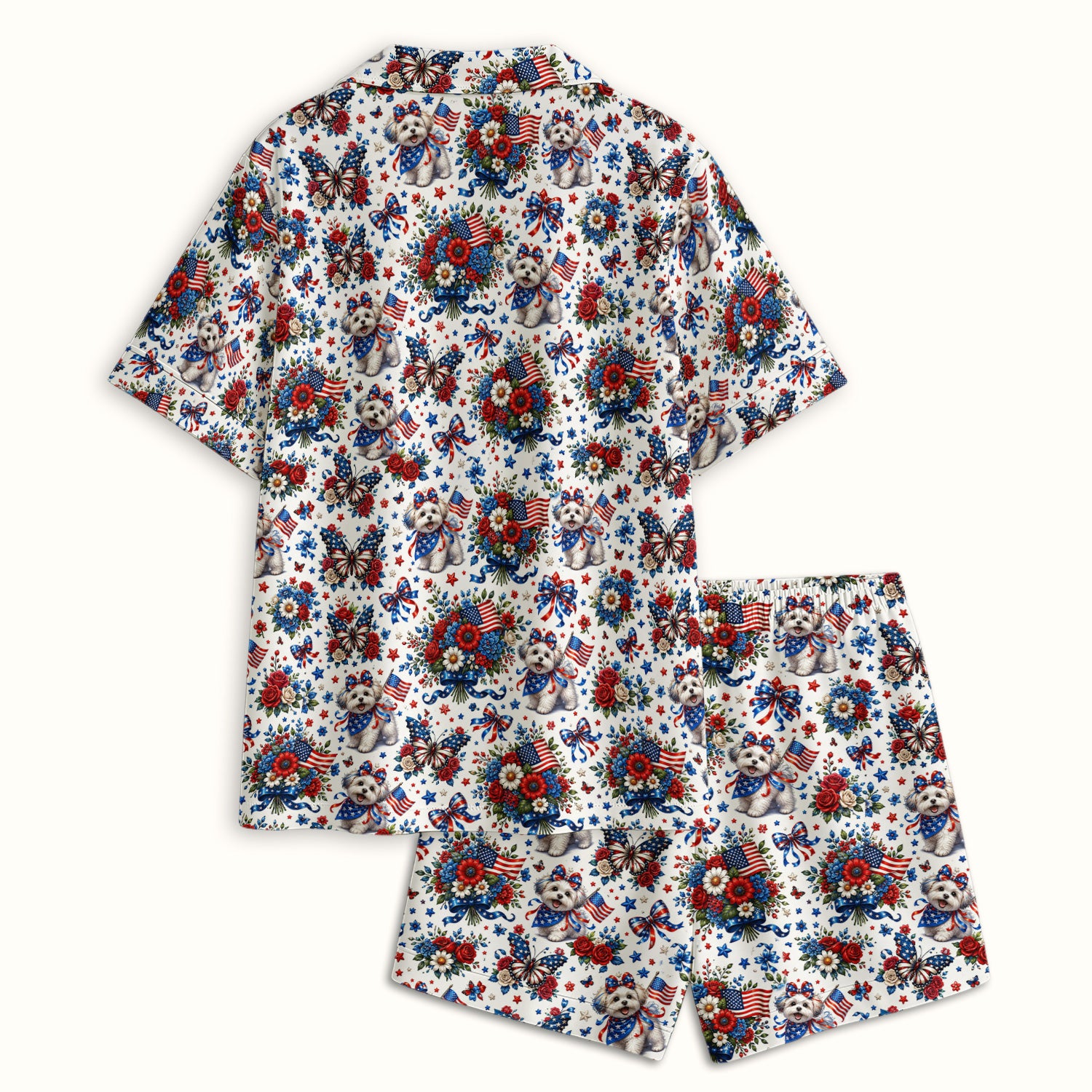 Patriotic Puppy Floral Bouquet Pattern Pajama Set, Soft Breathable Fabric Comfortable Sleepwear