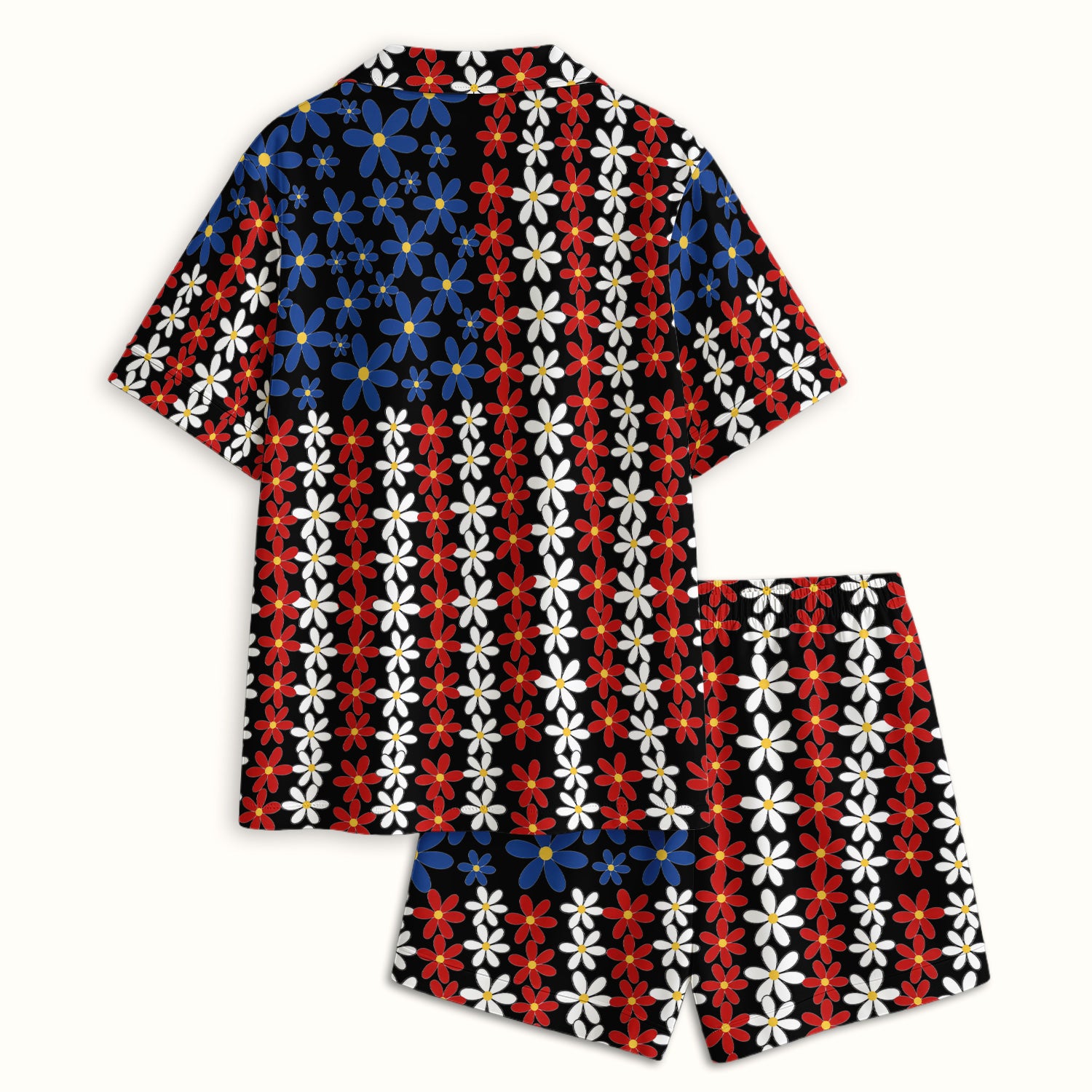 Retro Red Blue Daisy Stripe Pattern Pajama Set, Soft Breathable Fabric Comfortable Sleepwear