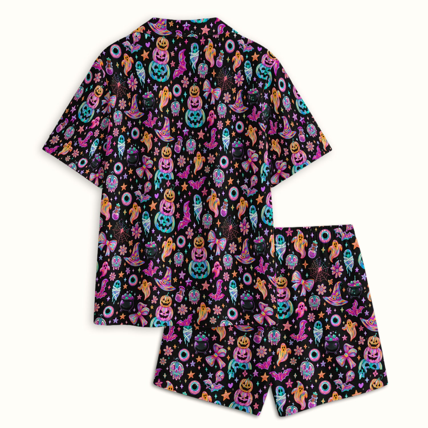 Halloween Ghost with Pumpkin Bat Print Pajama Set, Soft Breathable Fabric Comfortable Sleepwear