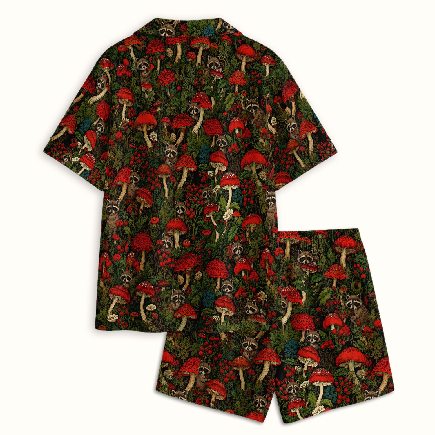 Woodland Raccoon Red Mushroom Pattern Pajama Set, Soft Breathable Fabric Comfortable Sleepwear