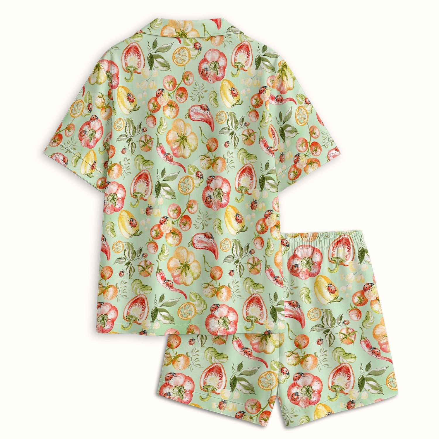Cute Watercolor Veggie Ladybug Pattern Pajama Set, Soft Breathable Fabric Comfortable Sleepwear