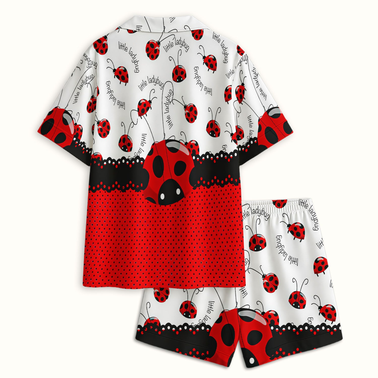 Cute Little Ladybug Polka Dot Pattern Pajama Set, Soft Breathable Fabric Comfortable Sleepwear