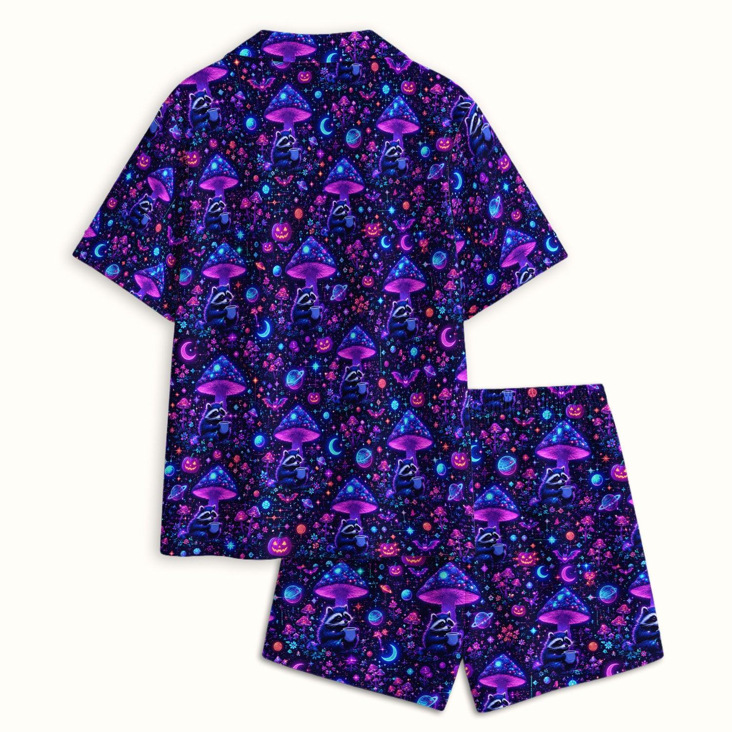 Halloween Raccoon And Mushrooms Pajama Set, Soft Breathable Fabric Comfortable Sleepwear