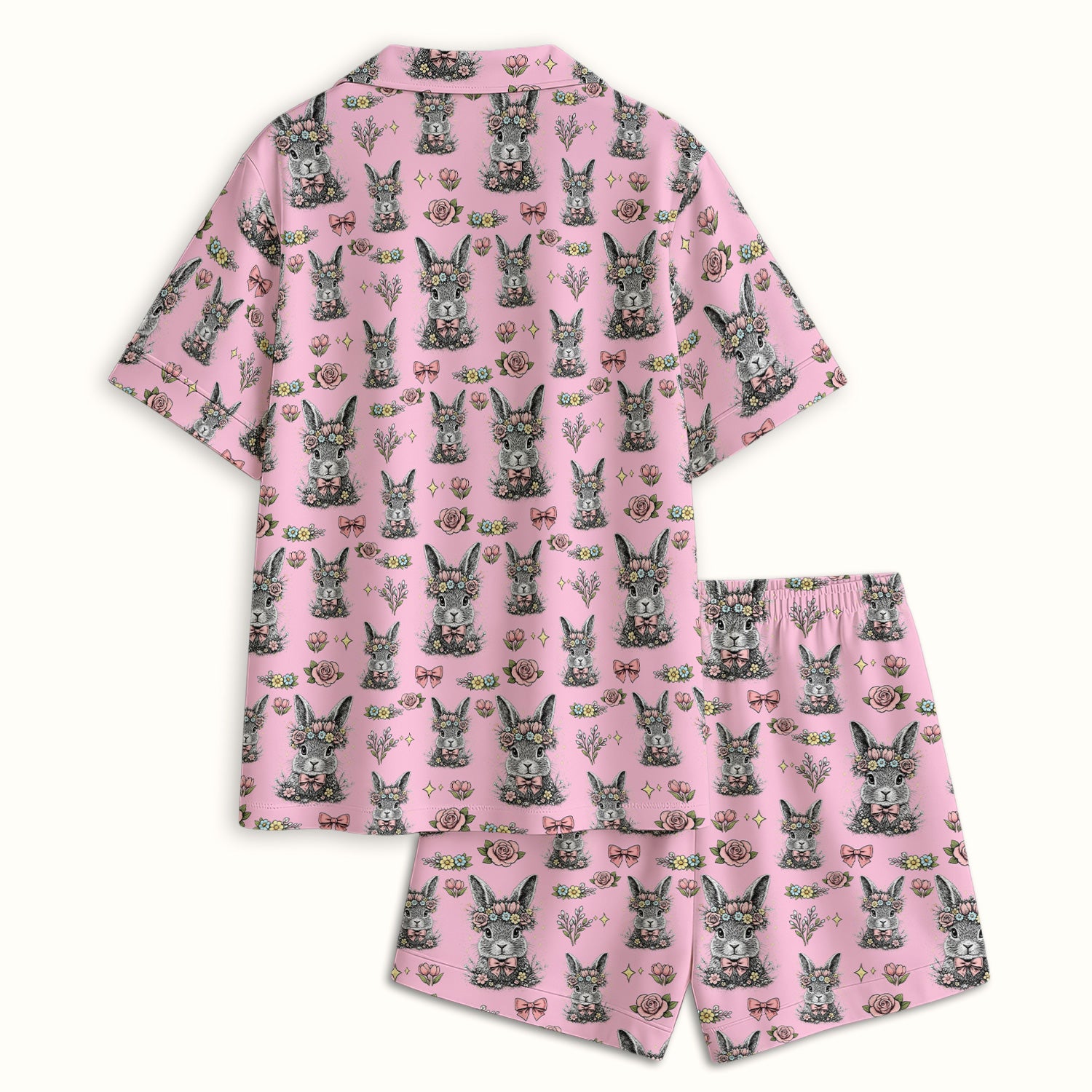 Easter Vintage Floral Bunny Print Pajama Set, Breathable Fabrics Uniform