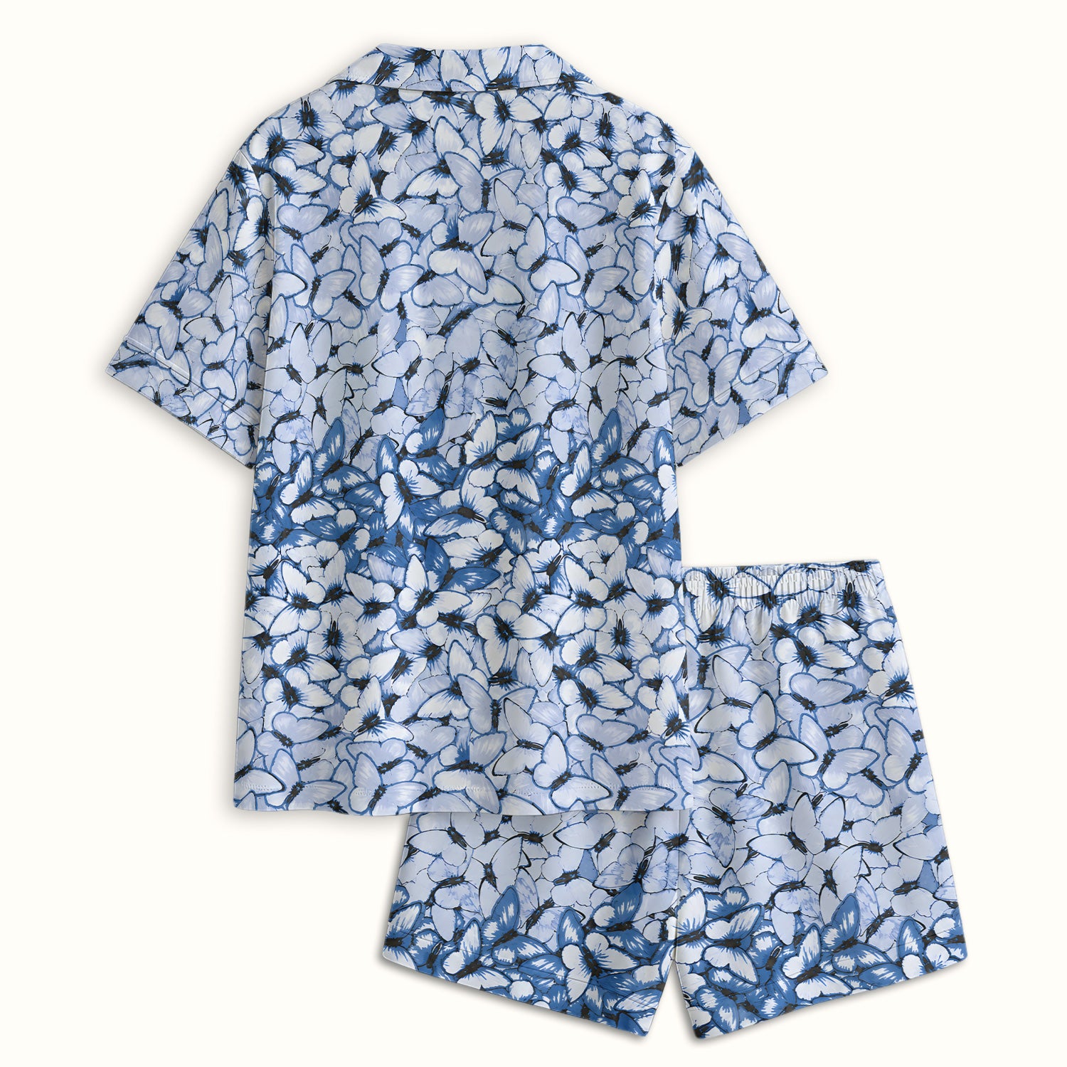 Blue Butterfly Floral Pattern Pajama Set, Soft Breathable Fabric Comfortable Sleepwear