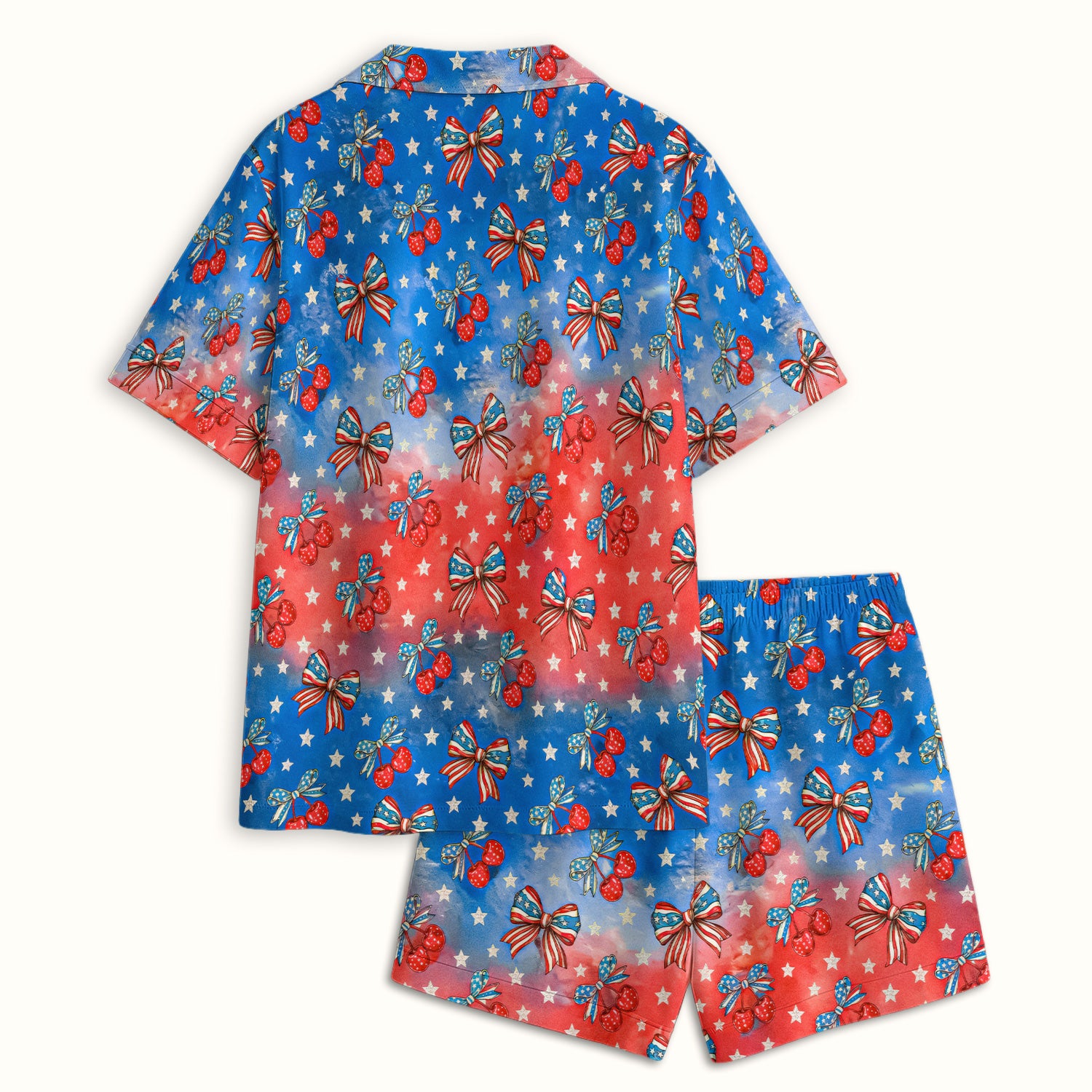 Festive Patriotic Star Bow Cherry Pattern Pajama Set, Soft Breathable Fabric Comfortable Sleepwear