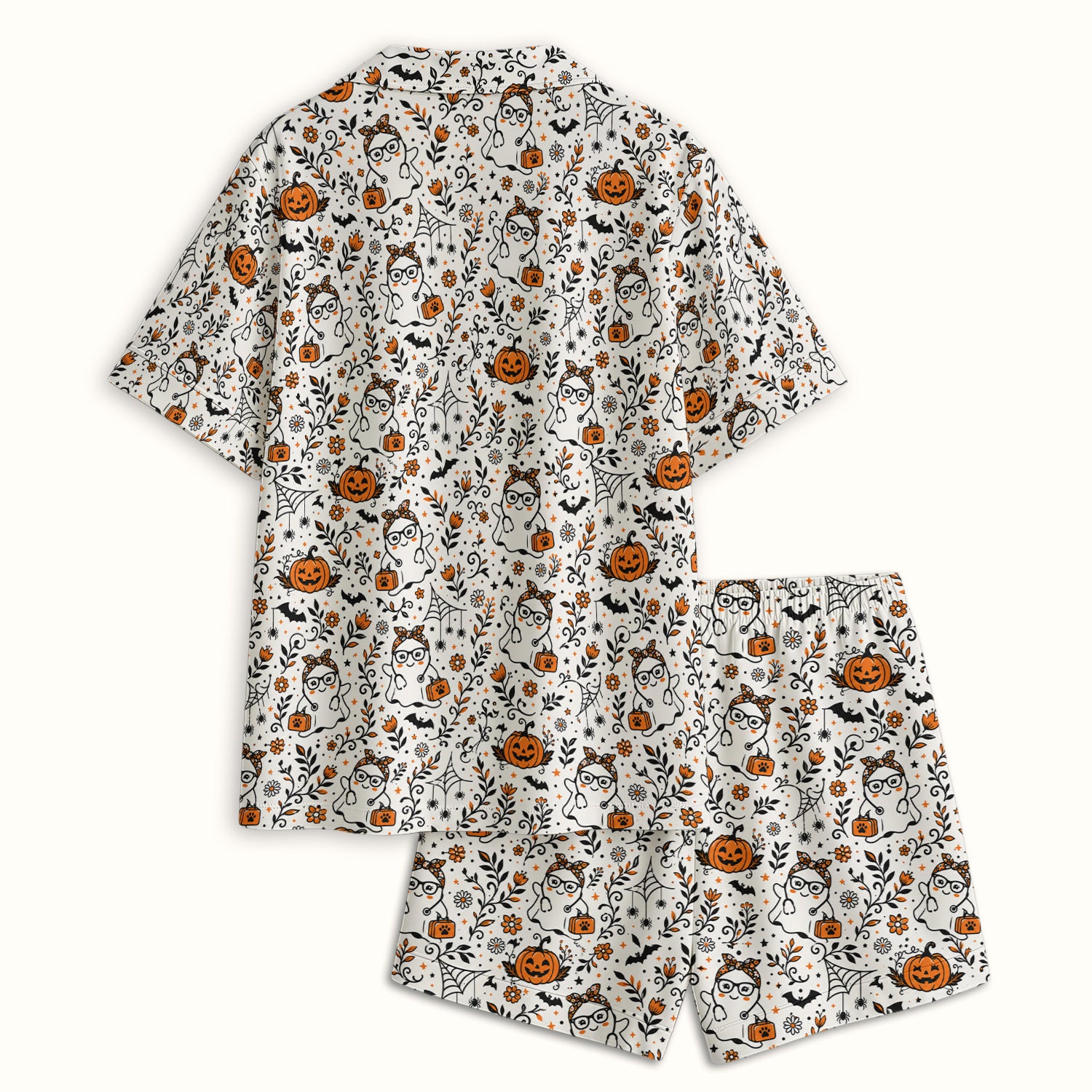 Cute Halloween Nurse Ghost And Pumpkins Pajama Set, Soft Breathable Fabric Comfortable Sleepwear