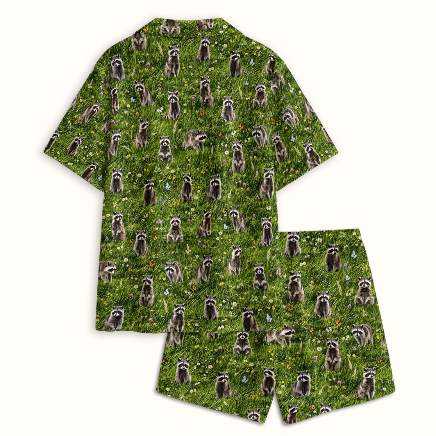 Raccoon Meadow Print Pajama Set, Soft Breathable Fabric Comfortable Sleepwear