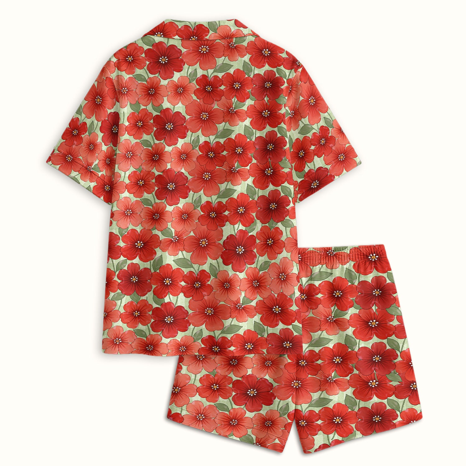 Patriotic USA Flag With Red Floral Blossom Pattern Pajama Set, Soft Breathable Fabric Comfortable Sleepwear