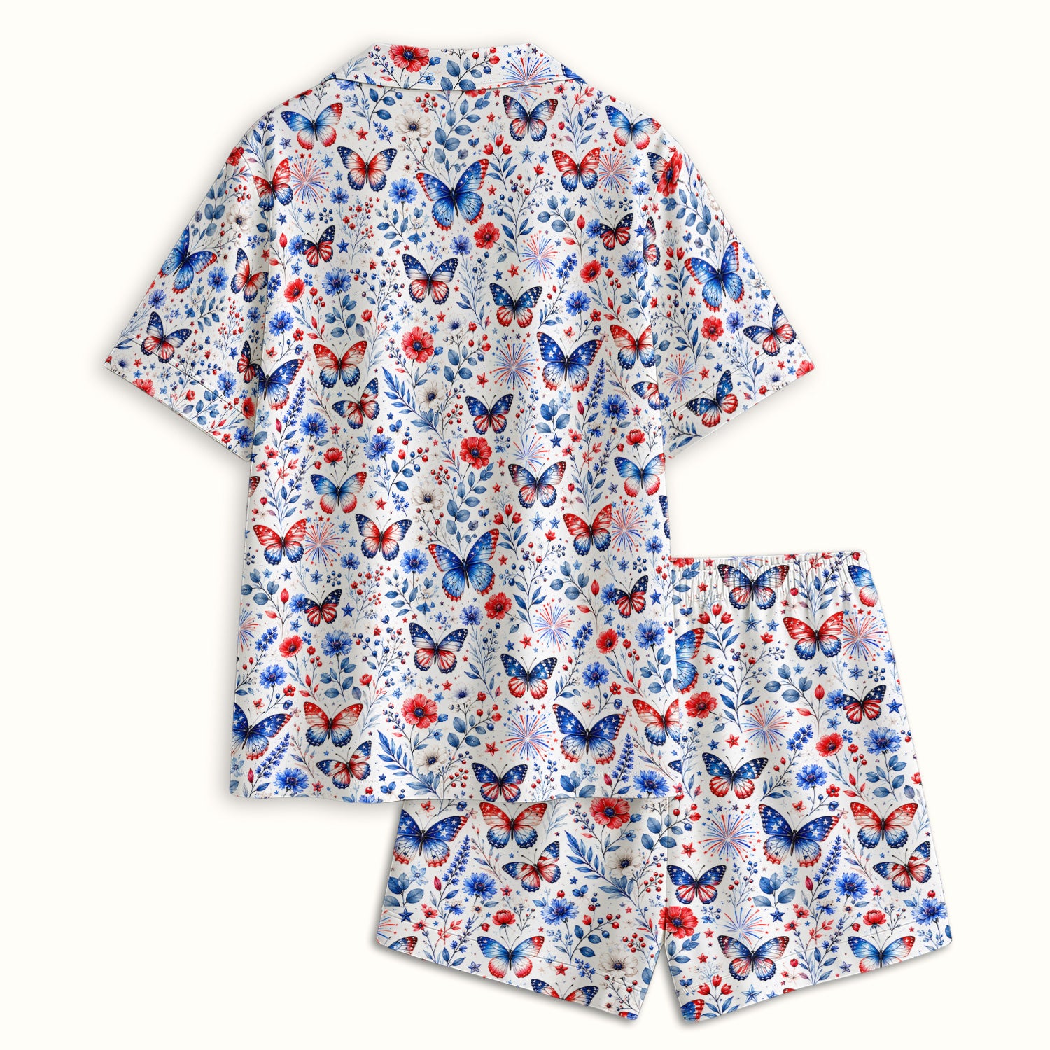 Patriotic Butterfly Fireworks Floral Pattern Pajama Set, Soft Breathable Fabric Comfortable Sleepwear