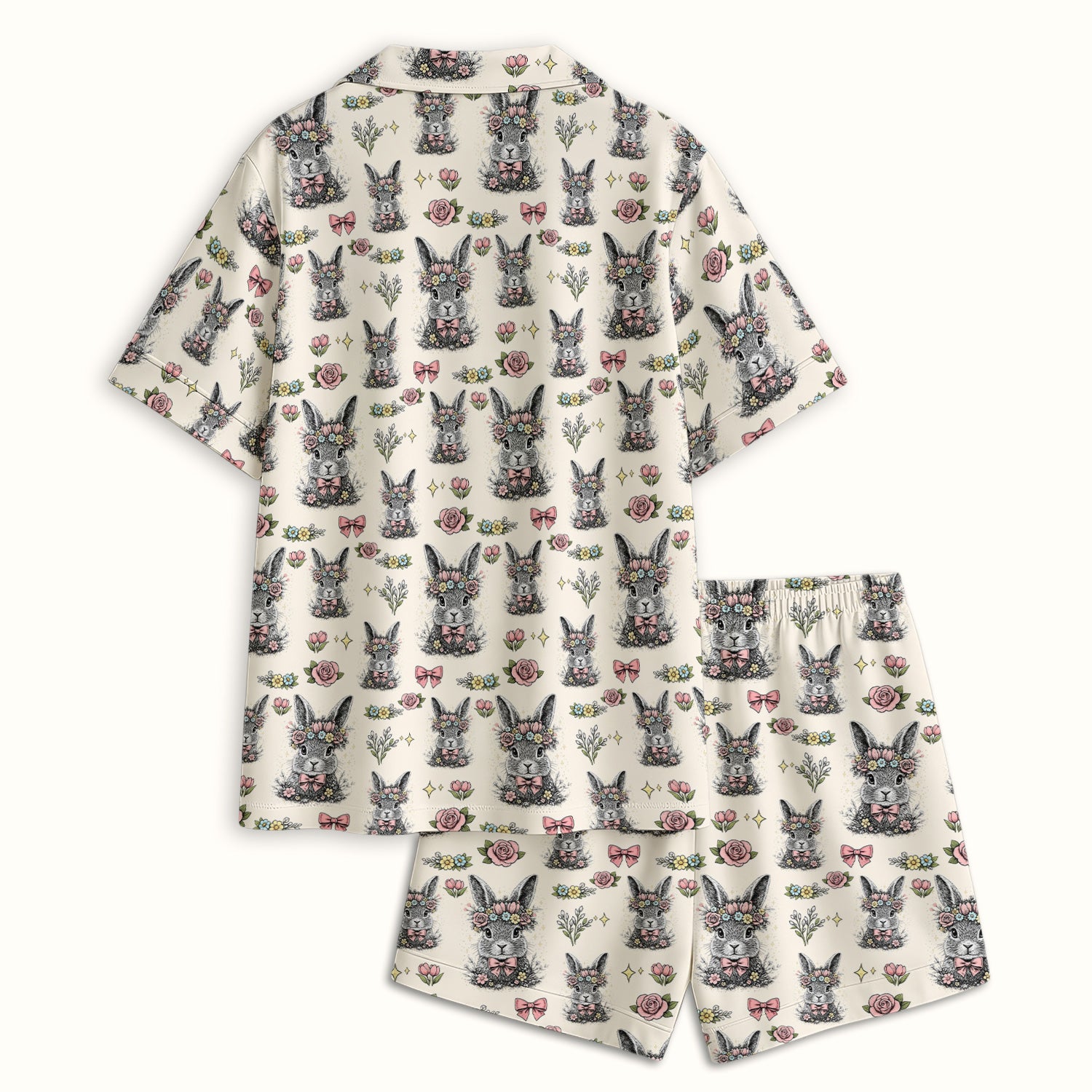 Easter Vintage Floral Bunny Print Pajama Set, Breathable Fabrics Uniform