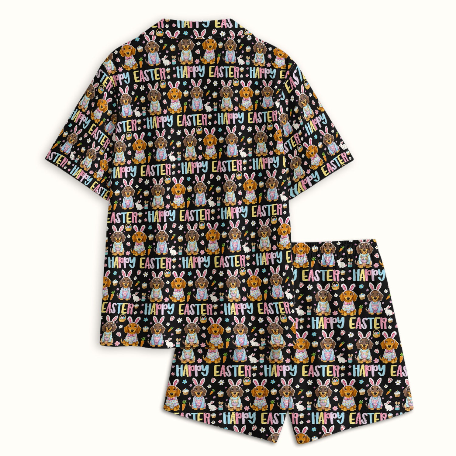 Happy Easter Dachshund Bunny Print Pajama Set, Breathable Fabrics Uniform