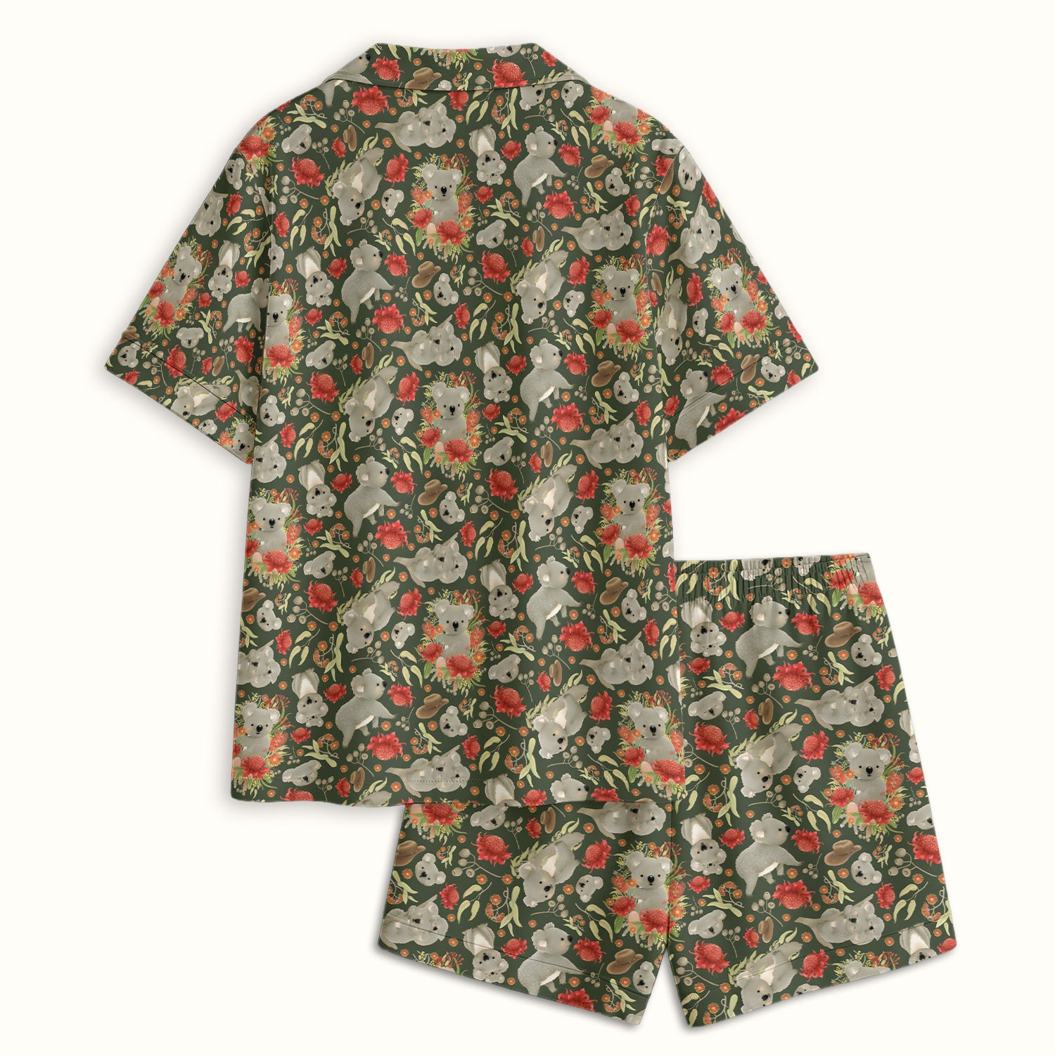 Cute Koala Wildflower Pattern Pajama Set, Soft Breathable Fabric Comfortable Sleepwear